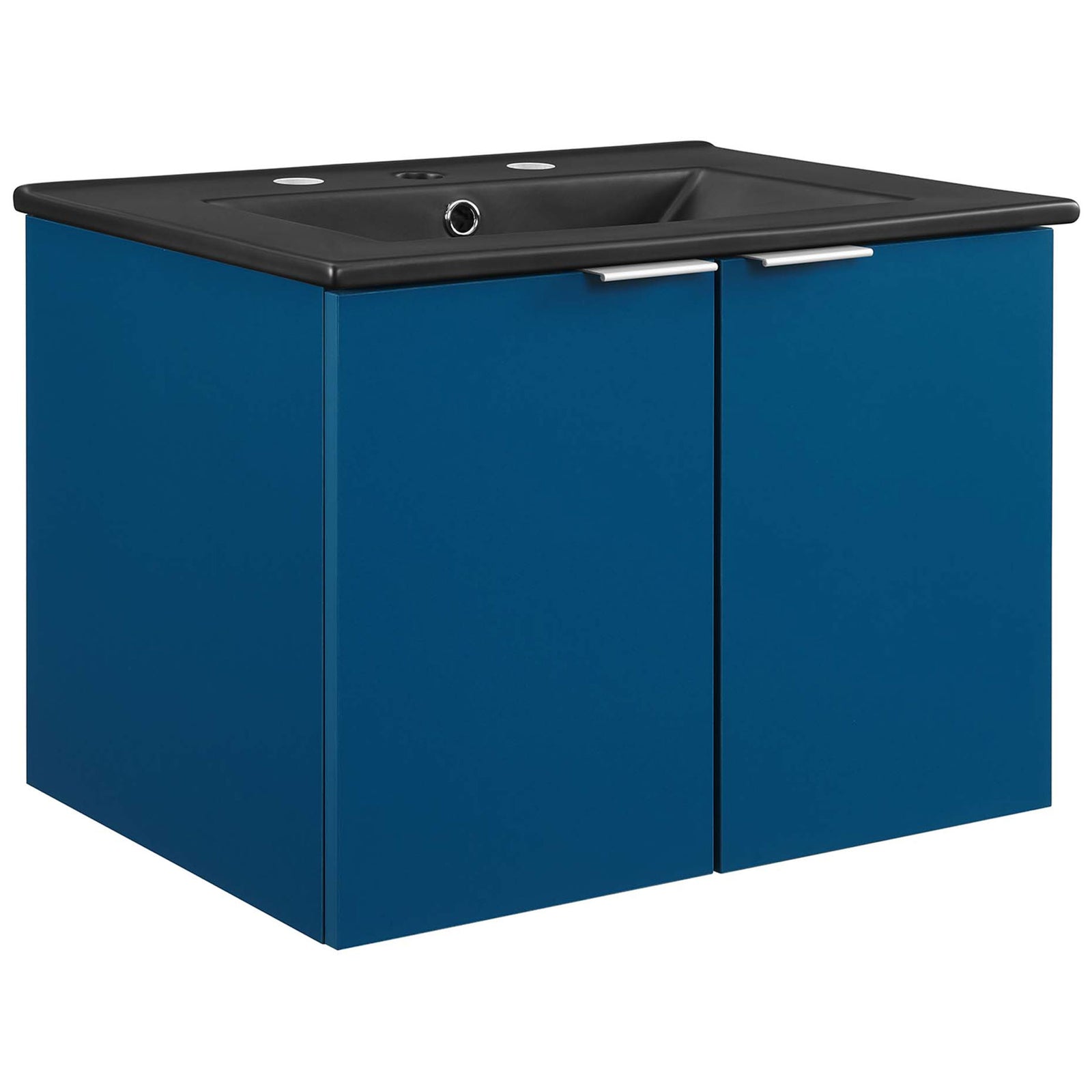 Floating navy vanity with black integrated sink and sleek metal pulls || EEI-5370-NAV-BLK || front_angle_studio