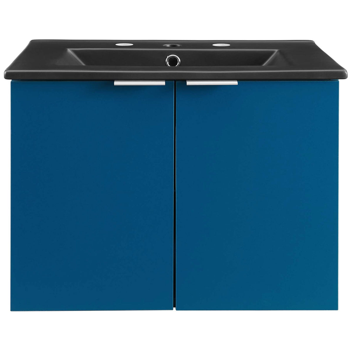 Navy wall-mount vanity with black ceramic sink and pre-drilled faucet holes || EEI-5370-NAV-BLK || front_studio
