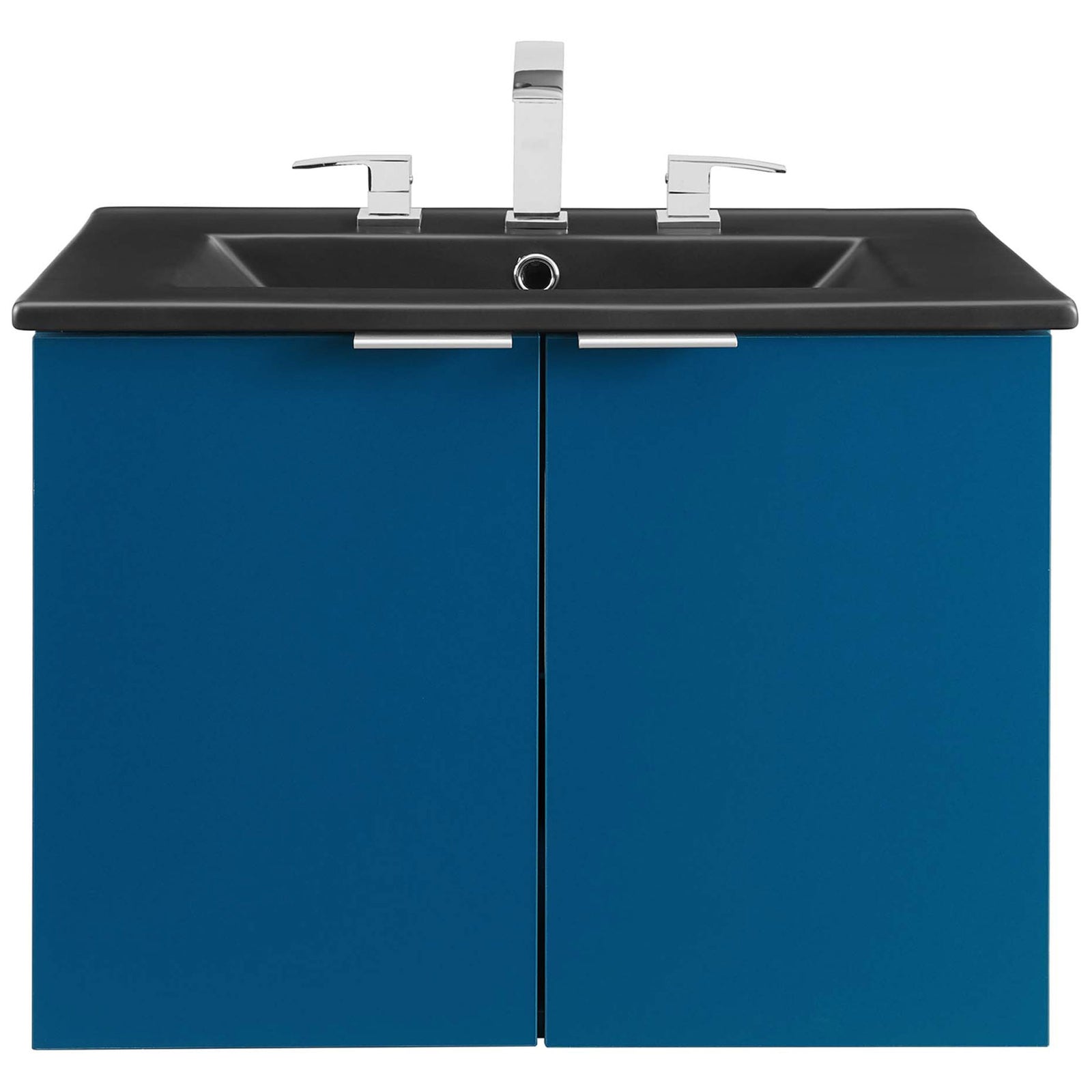 Floating navy vanity with installed faucet, black sink, and minimalist silhouette || EEI-5370-NAV-BLK || front_studio