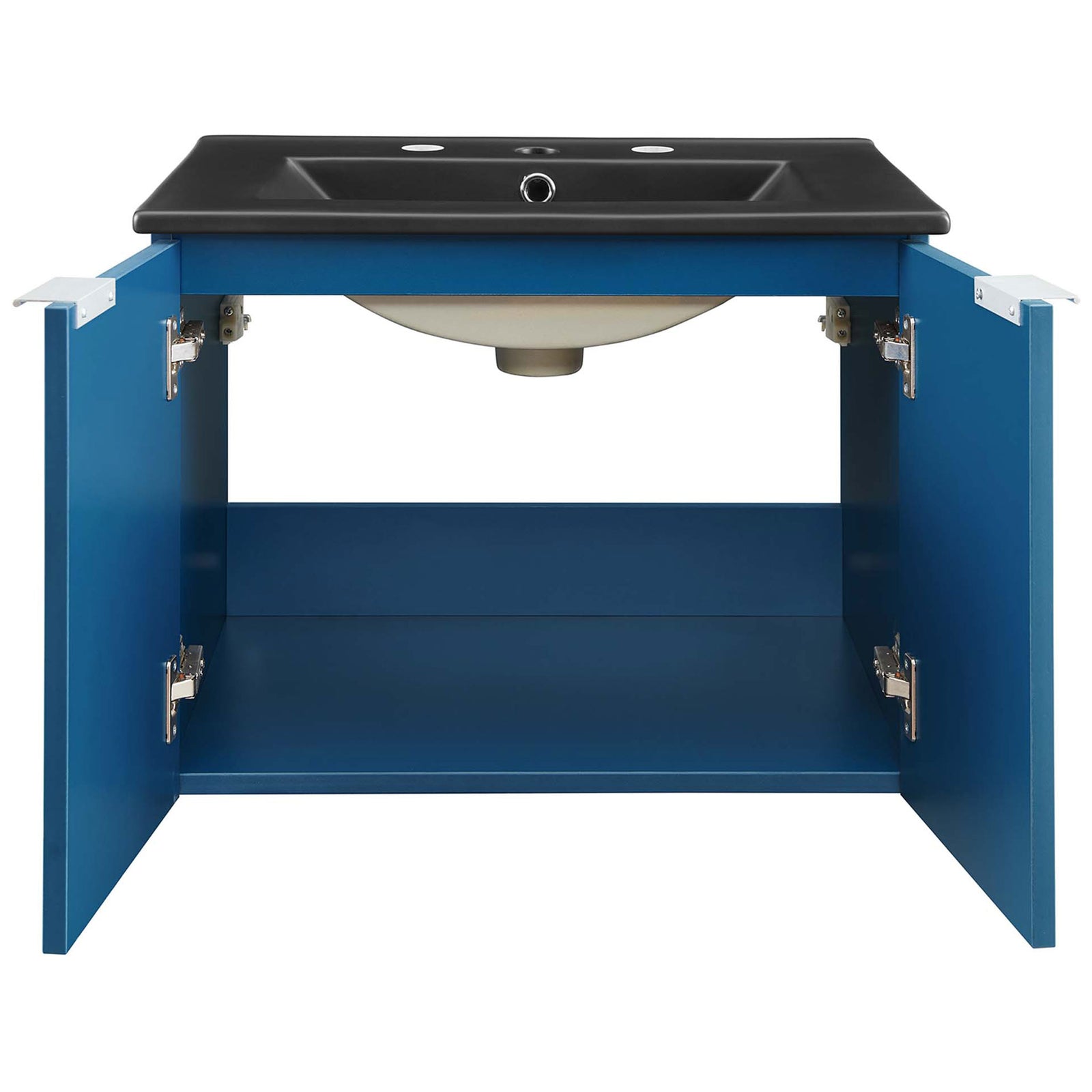 Open cabinet reveals roomy storage shelf and soft-close hinges || EEI-5370-NAV-BLK || front_open_studio