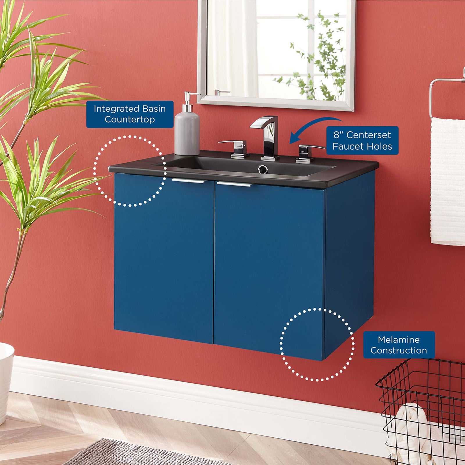 Feature callouts highlight integrated basin countertop, melamine construction, and faucet holes || EEI-5370-NAV-BLK || callout_room