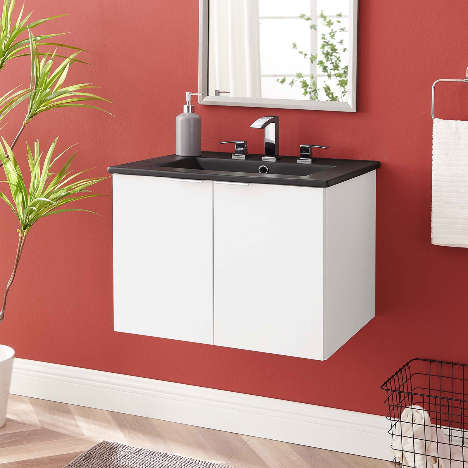 Clean, modern vanity elevates the bath with a floating design and bold black-and-white contrast || EEI-5370-WHI-BLK || front_room