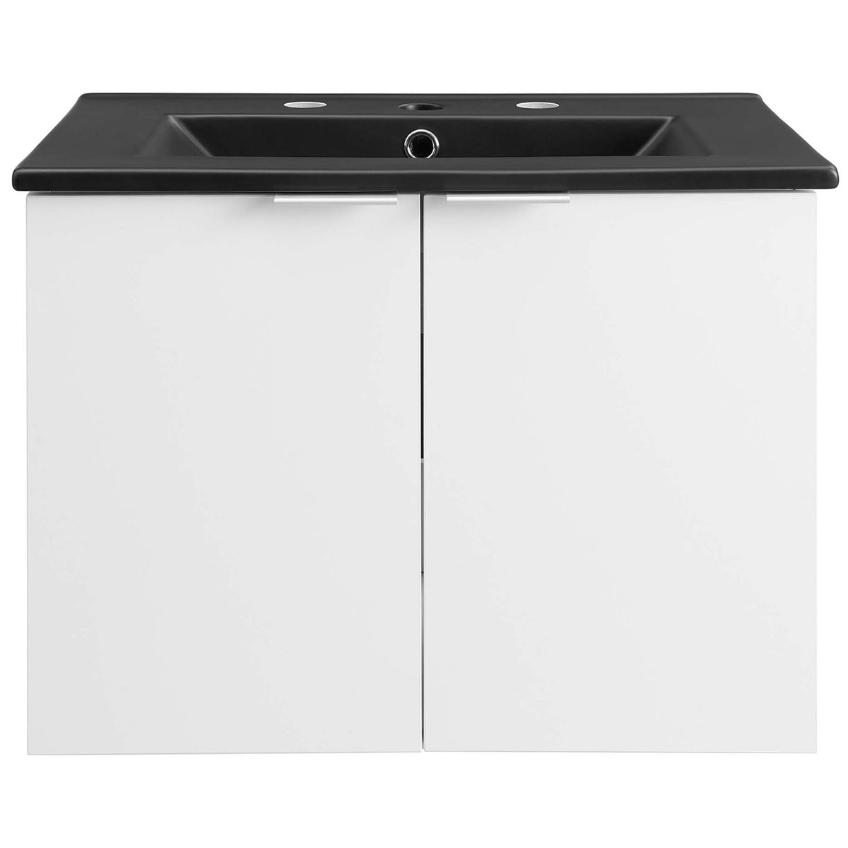 Sleek white wall-mount vanity with black integrated sink and dual soft-close doors || EEI-5370-WHI-BLK || front_studio