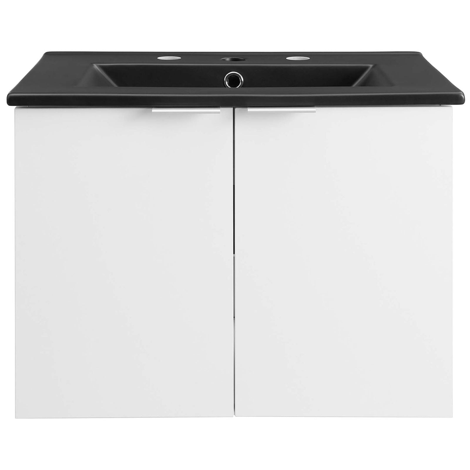 Sleek white wall-mount vanity with black integrated sink and dual soft-close doors || EEI-5370-WHI-BLK || front_studio