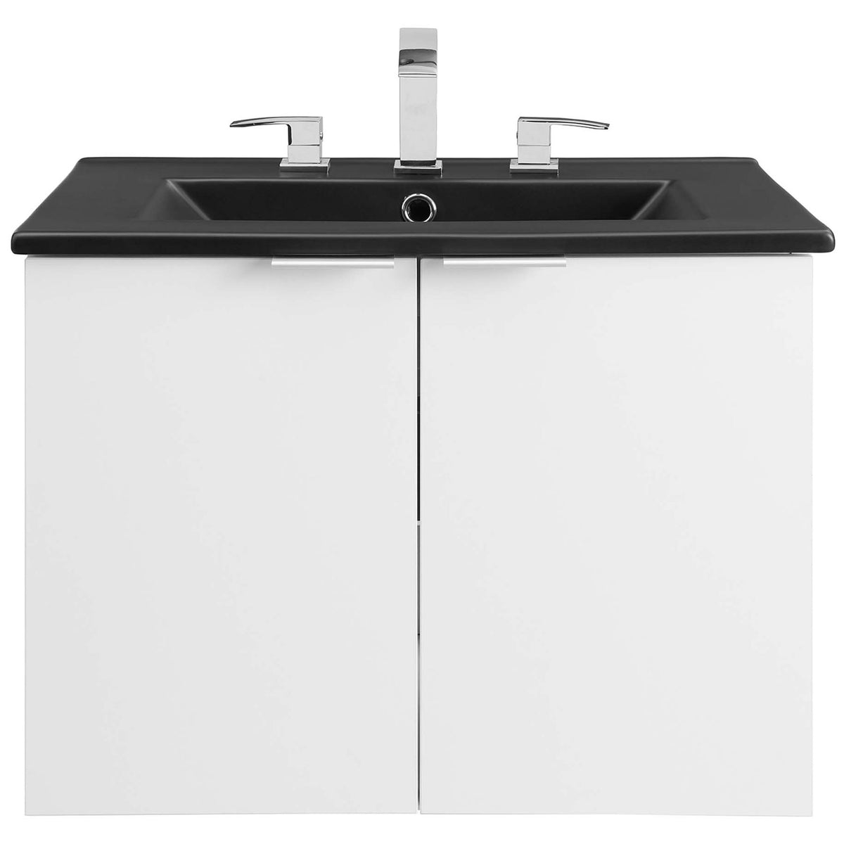 Pre-drilled sink top ready for a three-hole faucet above clean white double doors || EEI-5370-WHI-BLK || front_studio