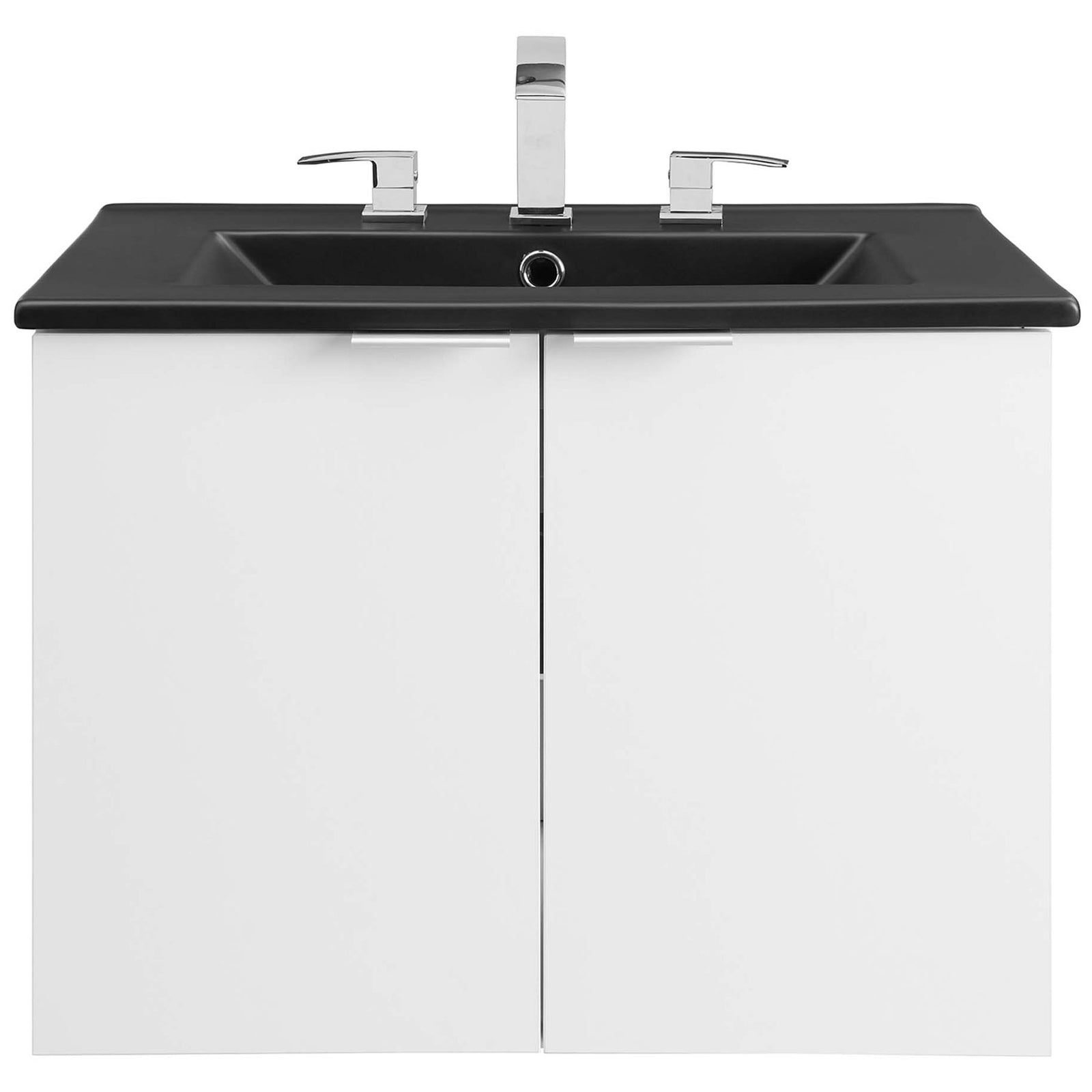 Pre-drilled sink top ready for a three-hole faucet above clean white double doors || EEI-5370-WHI-BLK || front_studio