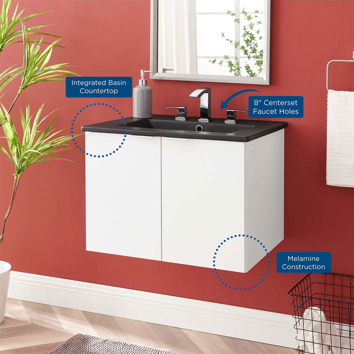 Integrated basin, melamine cabinet, and pre-drilled faucet holes for easy installation || EEI-5370-WHI-BLK || callout_room