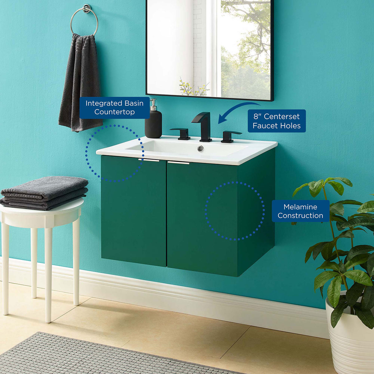 Bathroom vanity scene emphasizing an integrated sink and durable melamine construction. || EEI-5379-GRN-WHI || callout_room