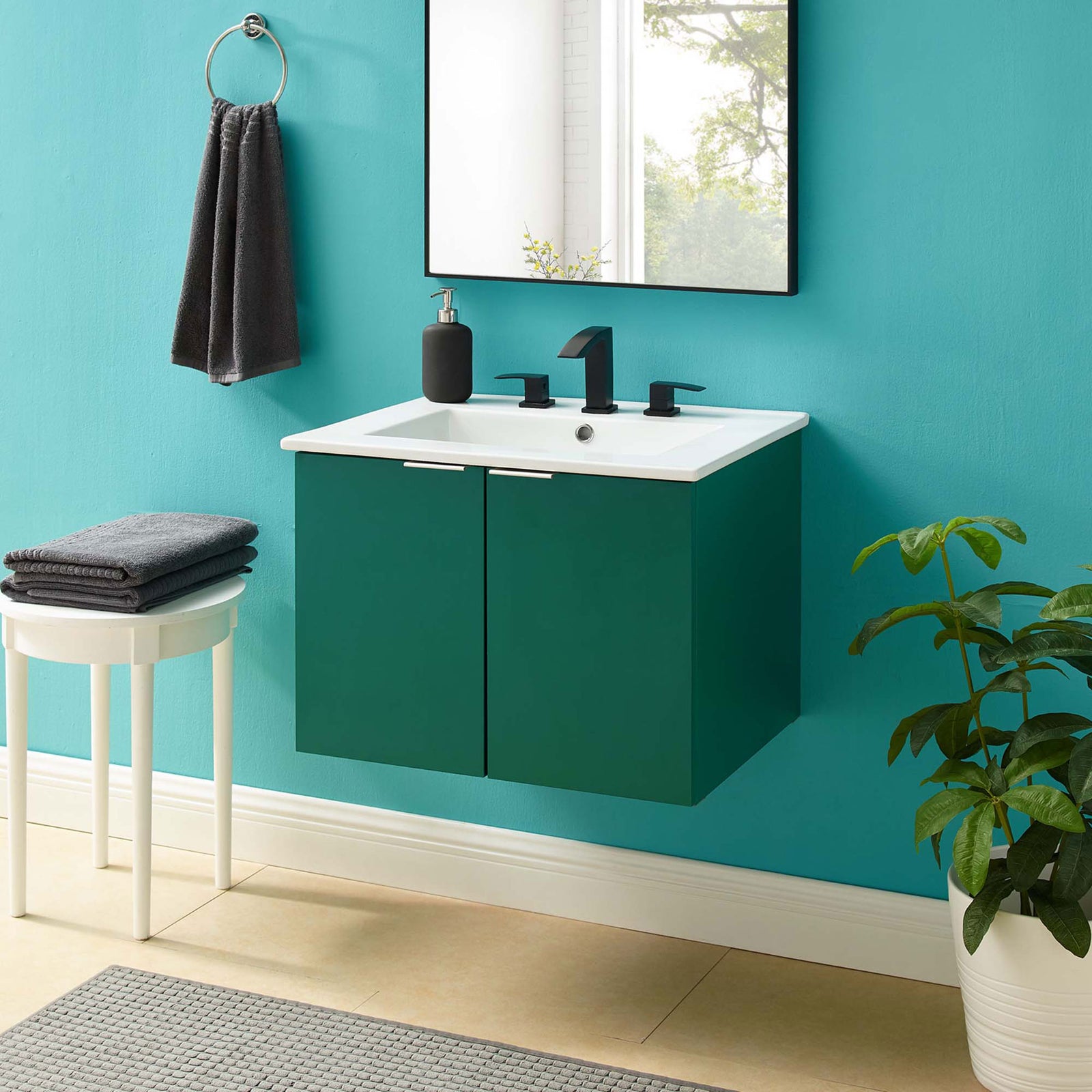 Stylish wall-mounted vanity brings a pop of green and everyday storage to the bathroom. || EEI-5379-GRN-WHI || front_room