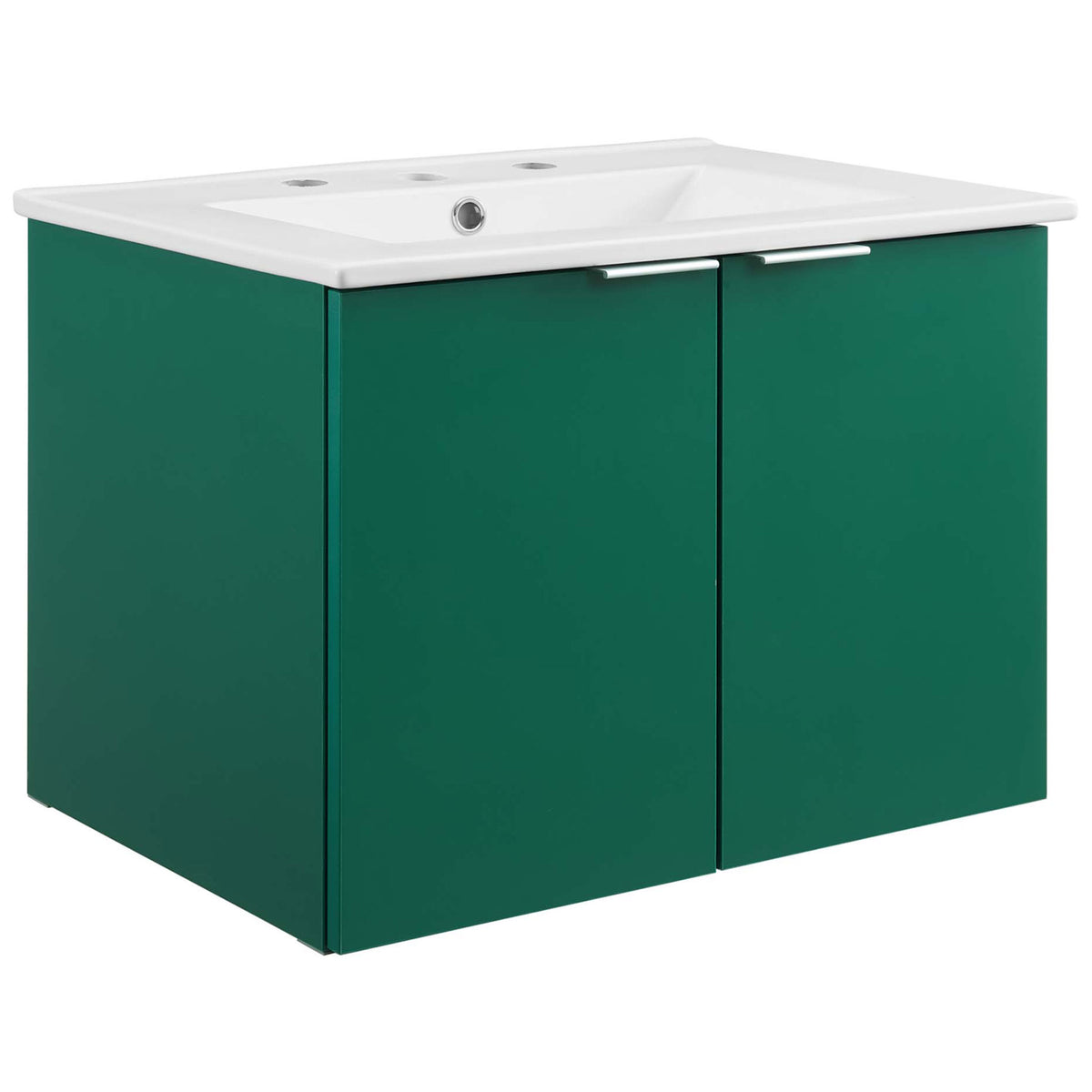 Sleek green vanity with crisp lines, L-shaped metal pulls, and an integrated white sink. || EEI-5379-GRN-WHI || front_angle_studio