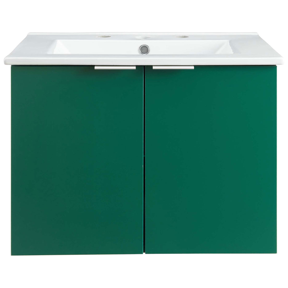 24-inch wall-mounted vanity in green with soft-close doors and an integrated white ceramic sink. || EEI-5379-GRN-WHI || front_studio