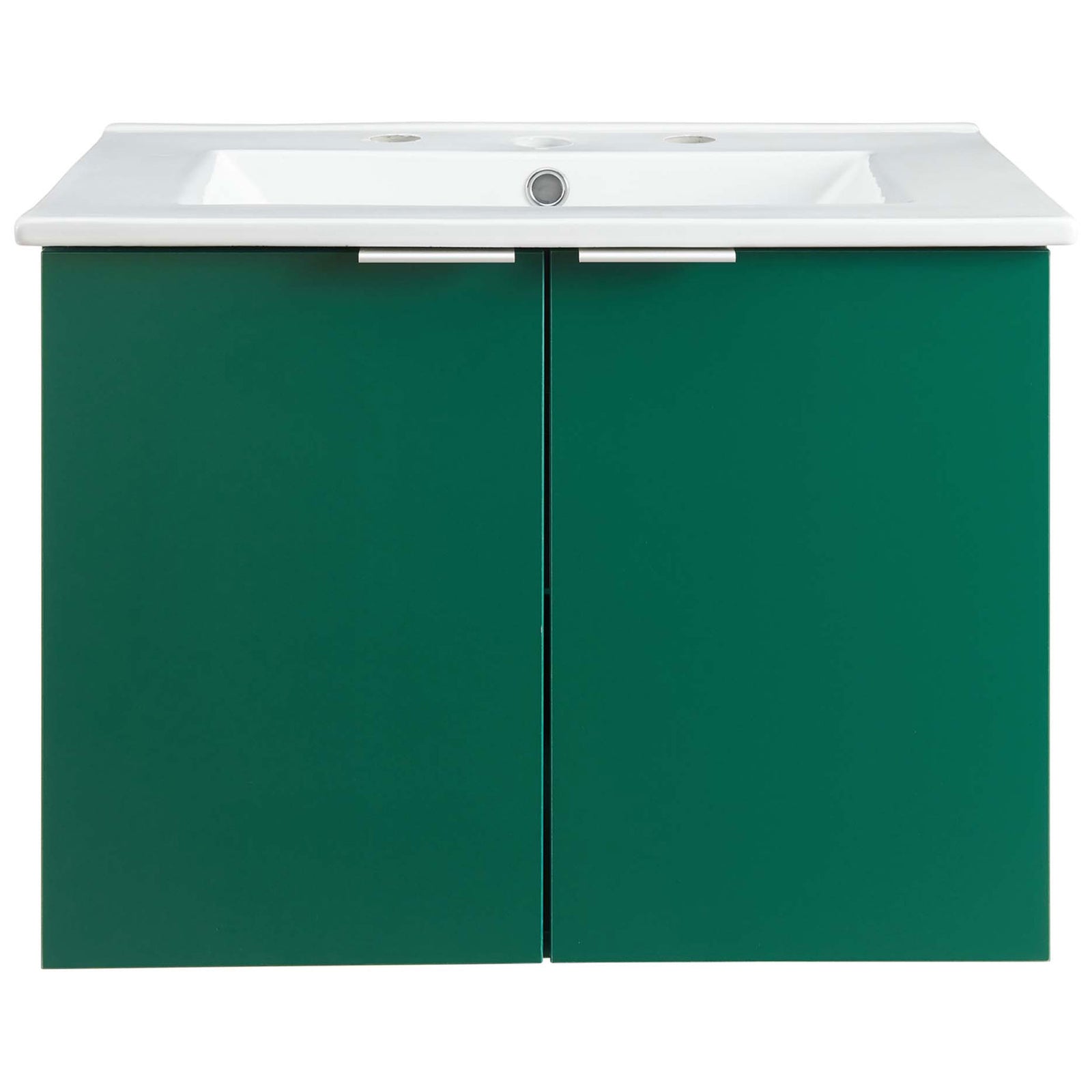 24-inch wall-mounted vanity in green with soft-close doors and an integrated white ceramic sink. || EEI-5379-GRN-WHI || front_studio