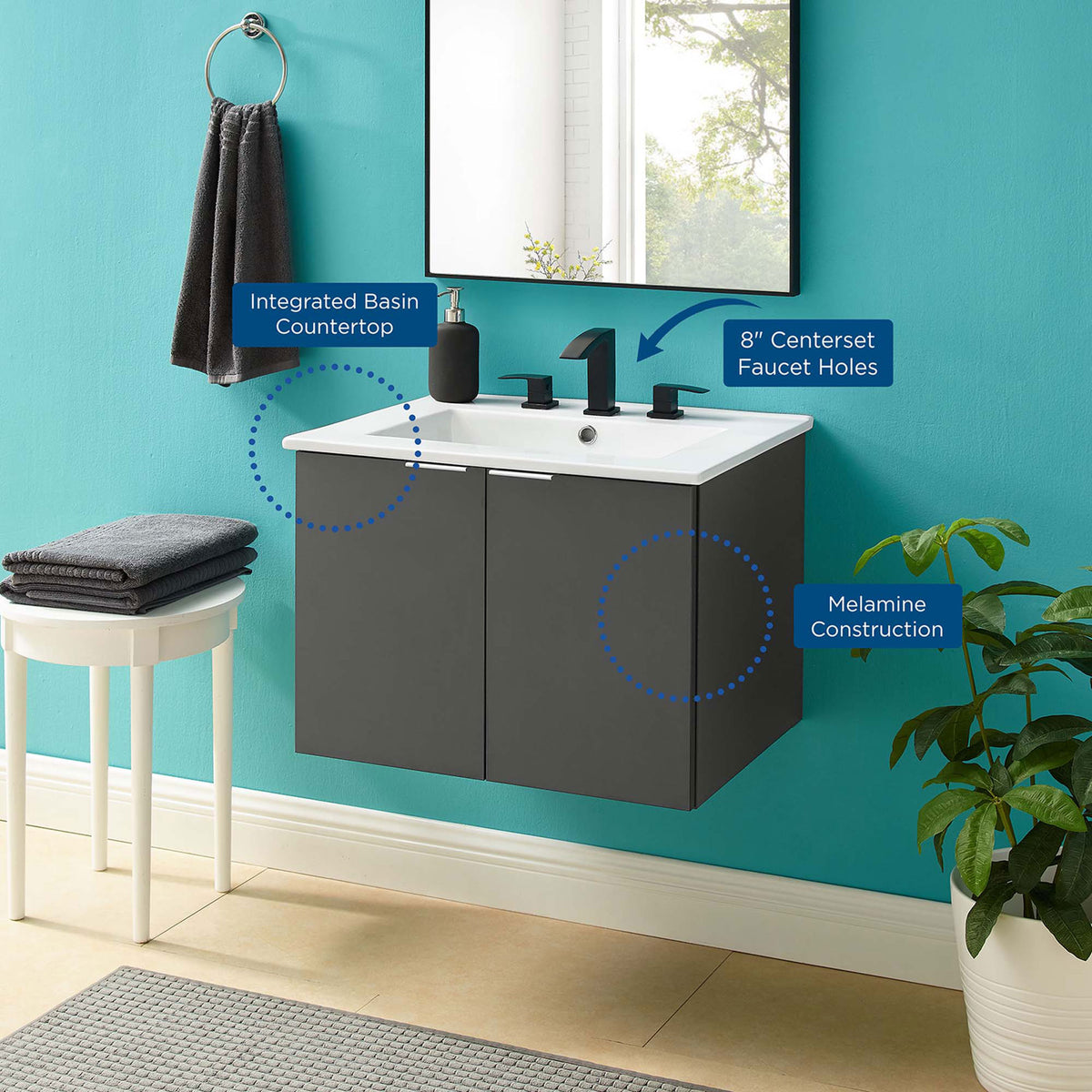Key features highlighted, including integrated countertop basin and 8-inch faucet spacing || EEI-5379-GRY-WHI || callout_room