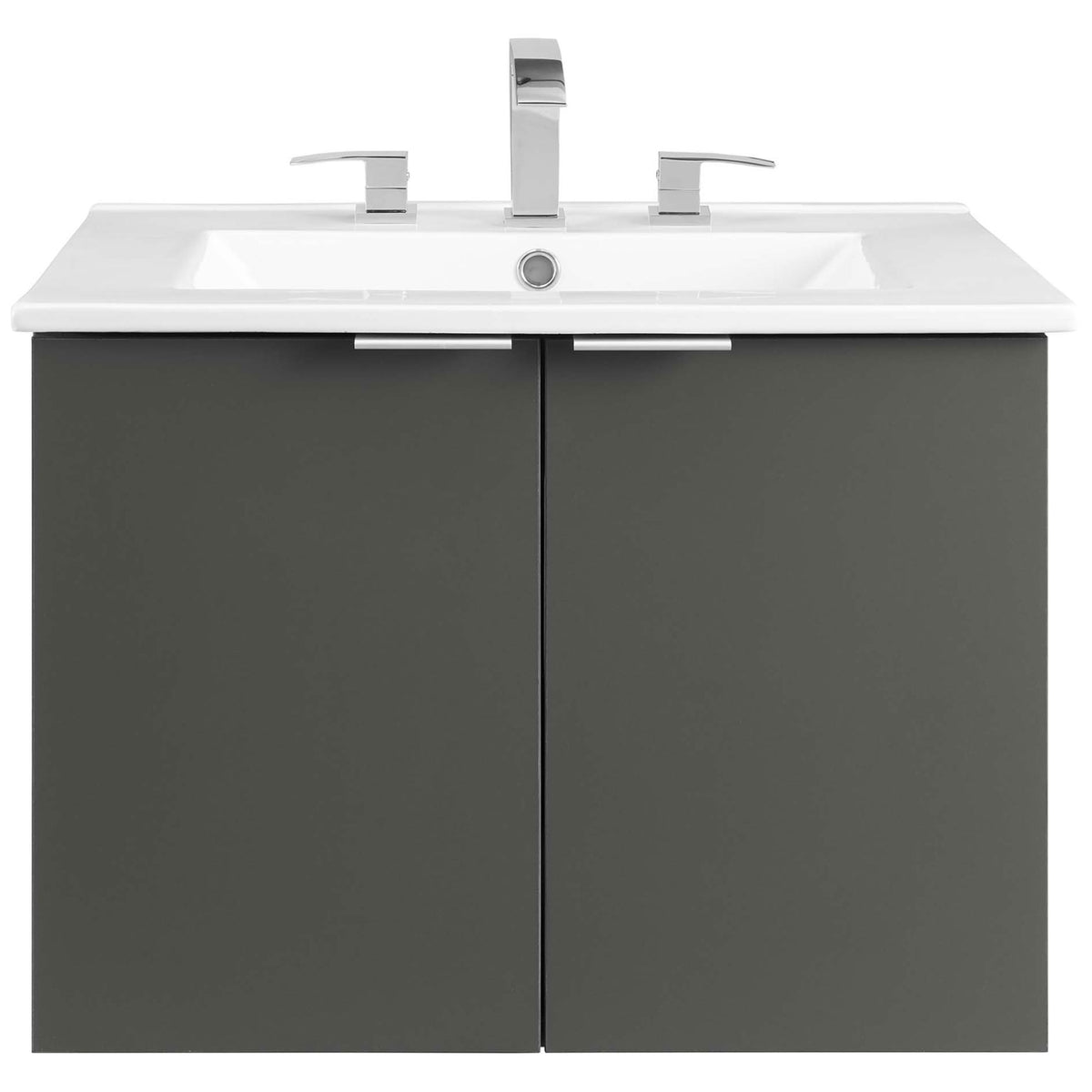 Three-hole basin ready for 8-inch widespread faucets atop a minimalist gray wall-mounted vanity || EEI-5379-GRY-WHI || front_studio