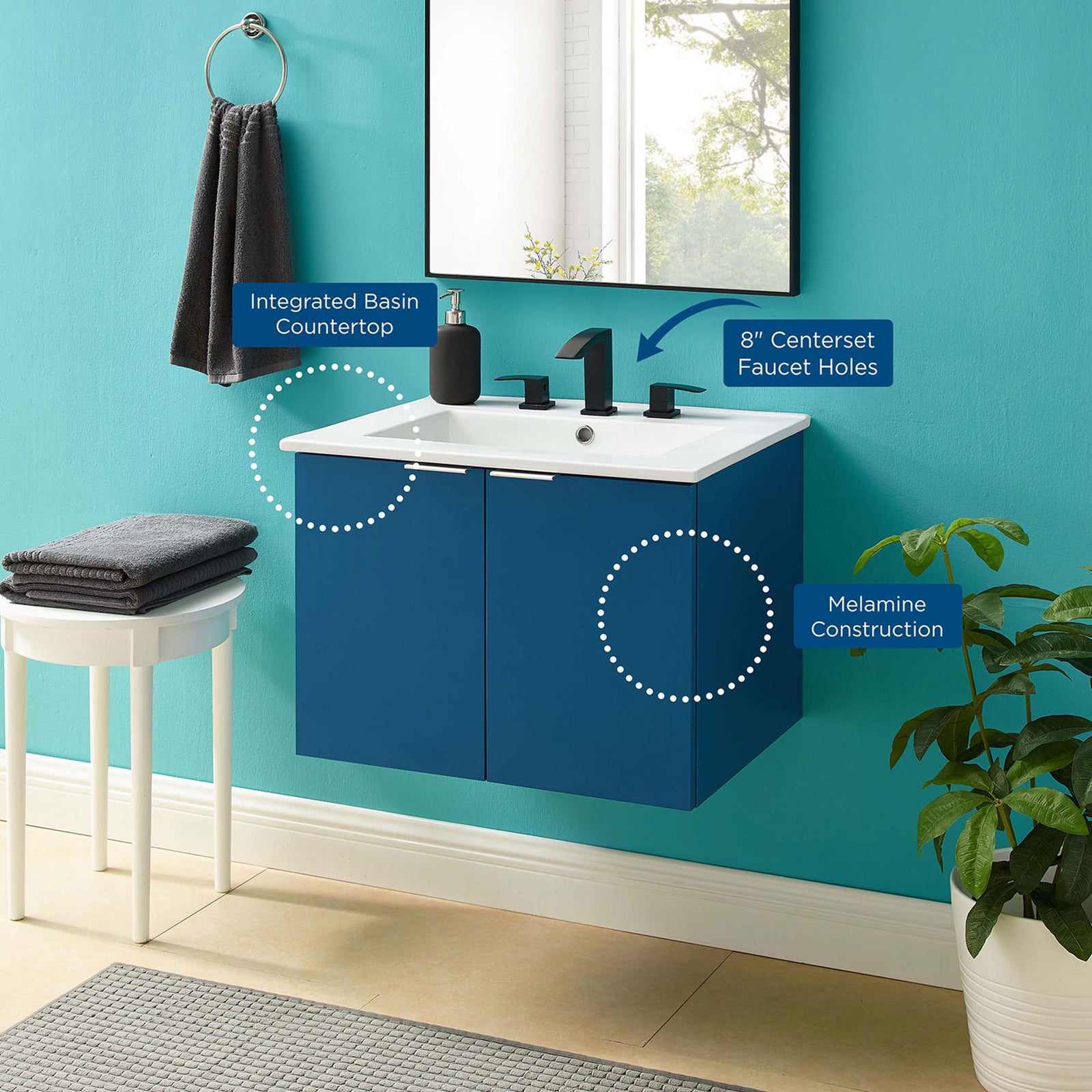 Wall-mounted navy vanity with labeled features for sink, faucet holes, and melamine construction || EEI-5379-NAV-WHI || callout_room