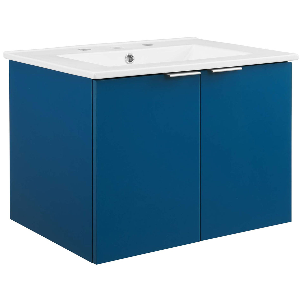 Navy wall-mount vanity with white integrated ceramic sink and sleek L-shaped metal pulls || EEI-5379-NAV-WHI || front_angle_studio