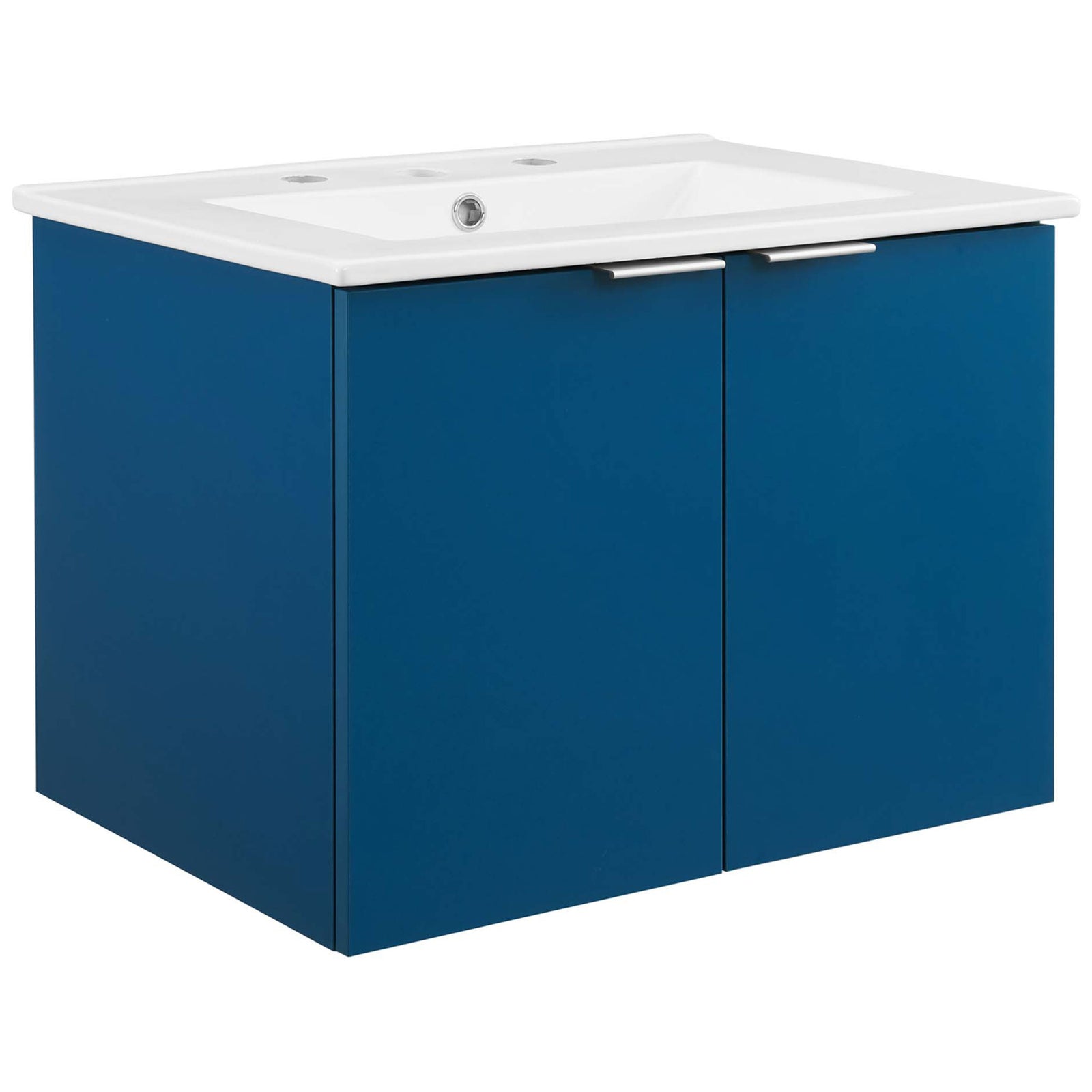 Navy wall-mount vanity with white integrated ceramic sink and sleek L-shaped metal pulls || EEI-5379-NAV-WHI || front_angle_studio