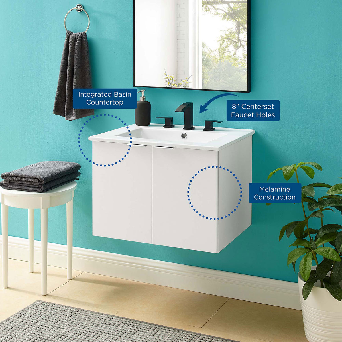 Feature highlights: integrated countertop, 8-inch widespread faucet holes, melamine construction || EEI-5379-WHI-WHI || callout_room