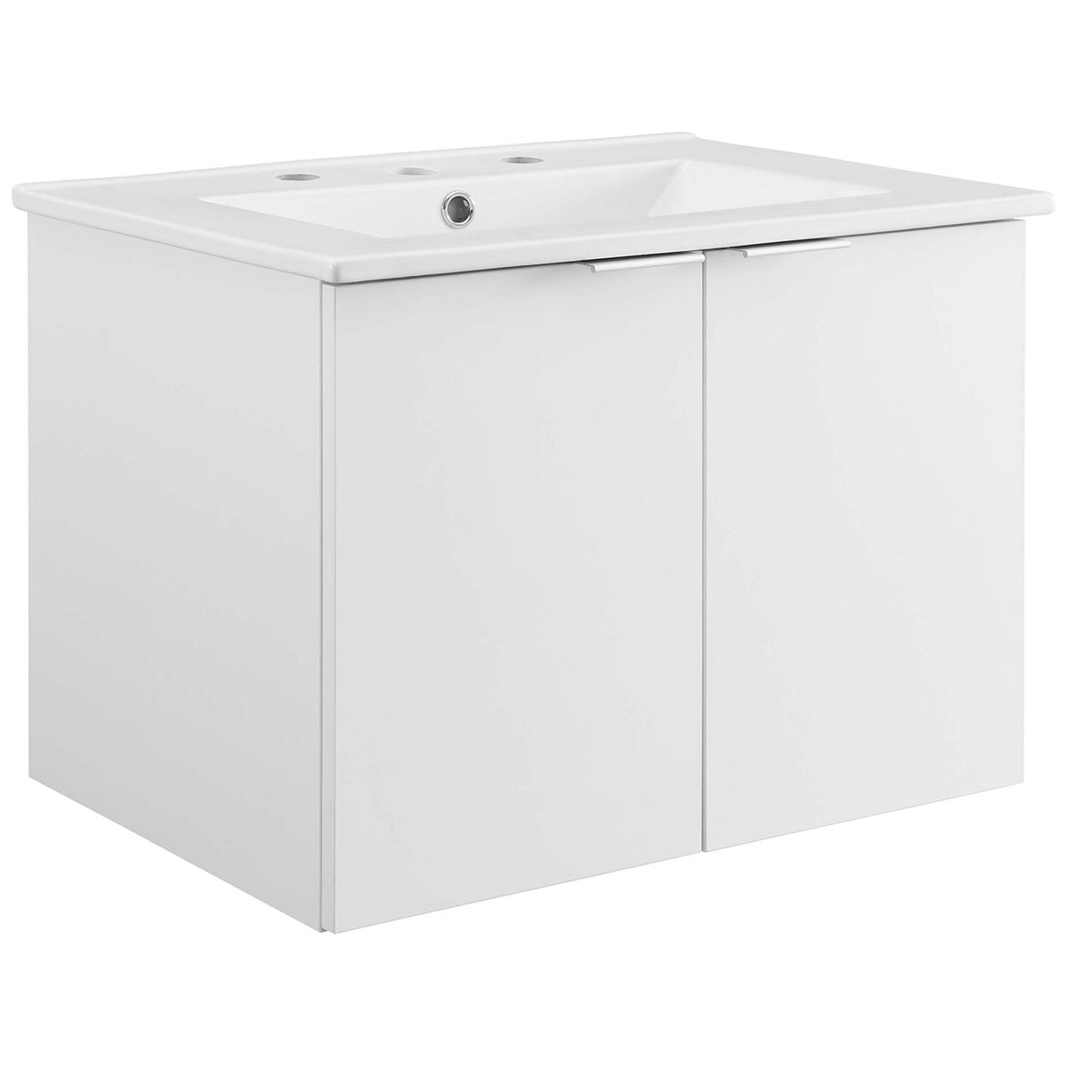 Space-saving wall-mounted vanity with integrated ceramic sink and sleek L-shaped pulls || EEI-5379-WHI-WHI || front_angle_studio