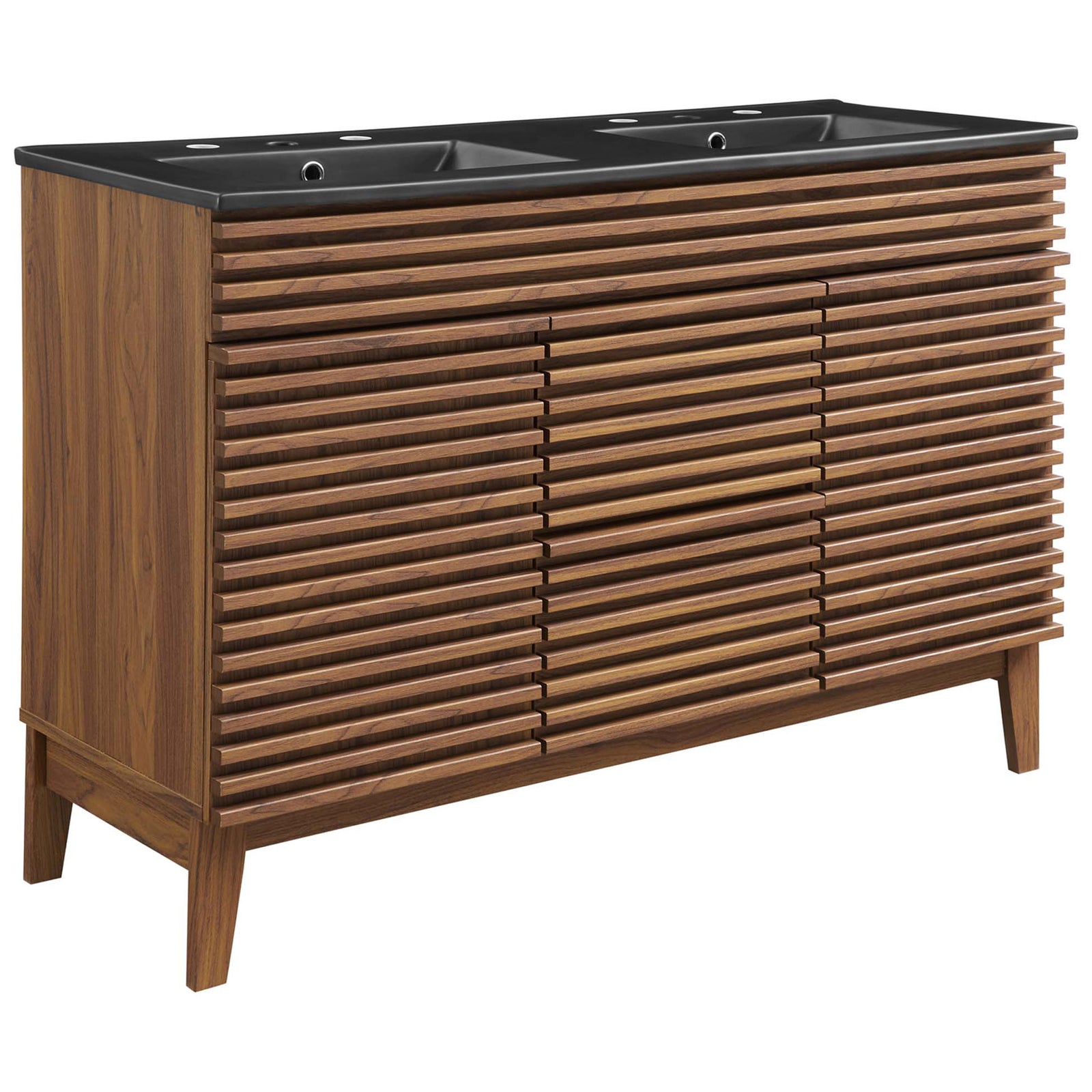 Walnut slatted vanity with black double basin top and tapered legs adds mid-century flair. || EEI-5381-WAL-BLK || front_angle_studio