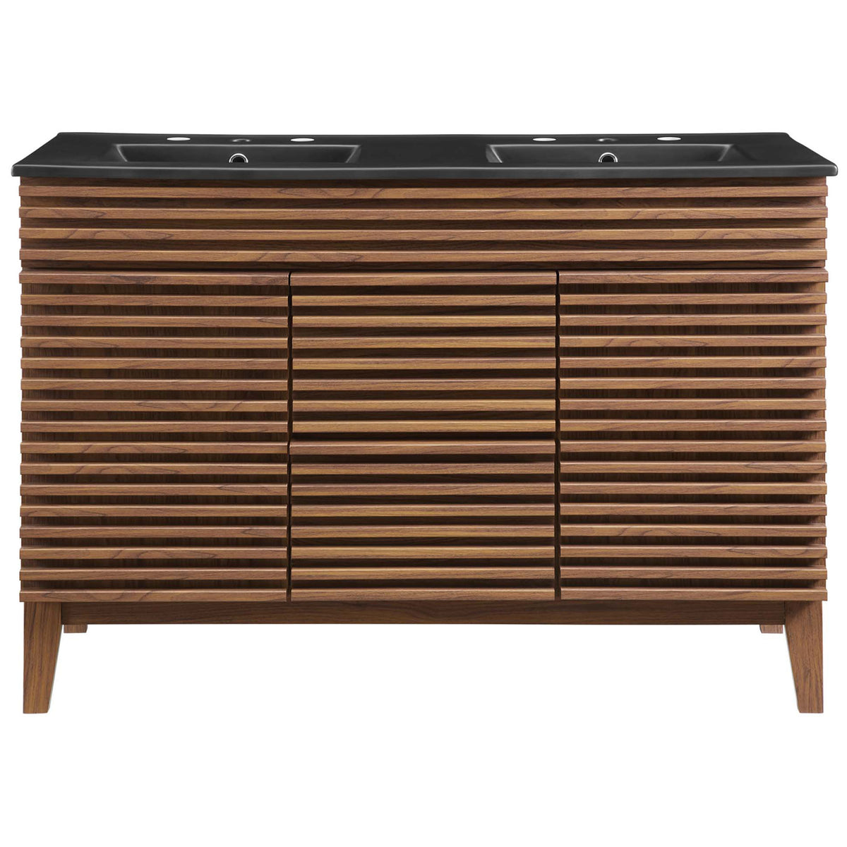 Clean slatted front and black dual sinks create a bold, streamlined 48-inch vanity silhouette. || EEI-5381-WAL-BLK || front_studio
