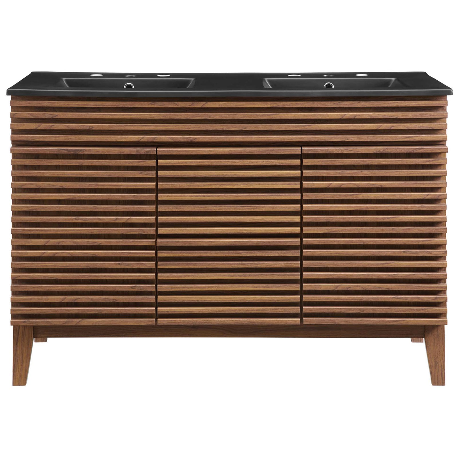 Clean slatted front and black dual sinks create a bold, streamlined 48-inch vanity silhouette. || EEI-5381-WAL-BLK || front_studio