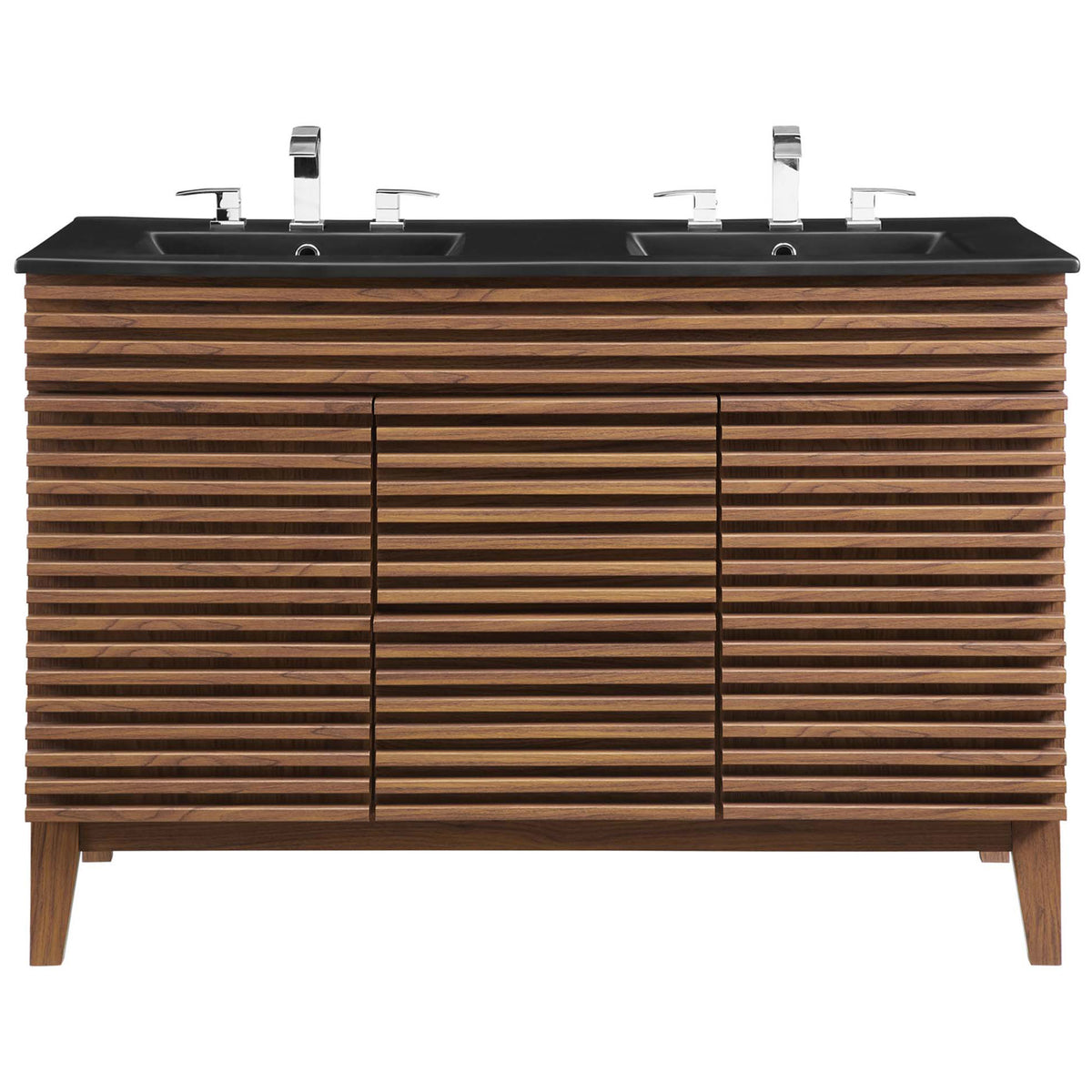 Sleek black integrated double sinks pair with walnut slats for a refined, modern bathroom centerpiece. || EEI-5381-WAL-BLK || front_studio