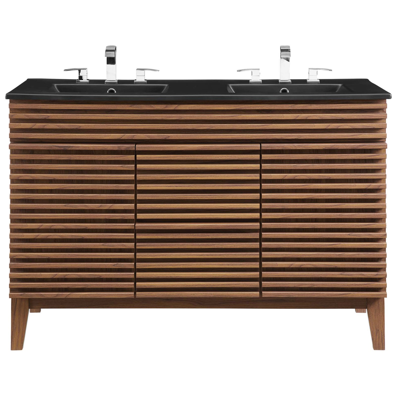 Sleek black integrated double sinks pair with walnut slats for a refined, modern bathroom centerpiece. || EEI-5381-WAL-BLK || front_studio
