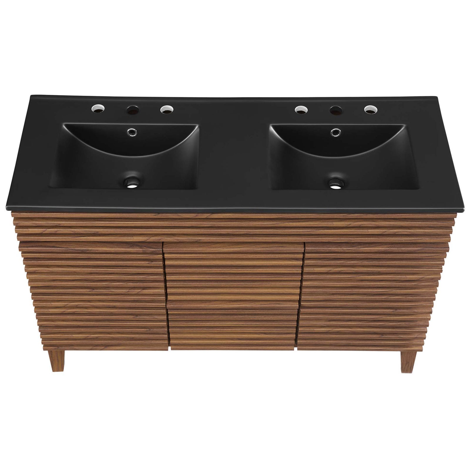 Matte black double basin countertop with 8-inch widespread faucet holes and overflow. || EEI-5381-WAL-BLK || top_studio