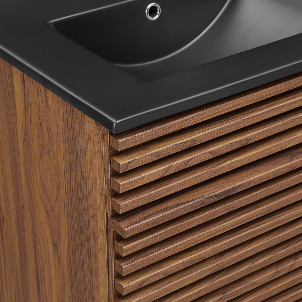 Textured horizontal walnut slats contrast with the matte black basin edge. || EEI-5381-WAL-BLK || detail_studio