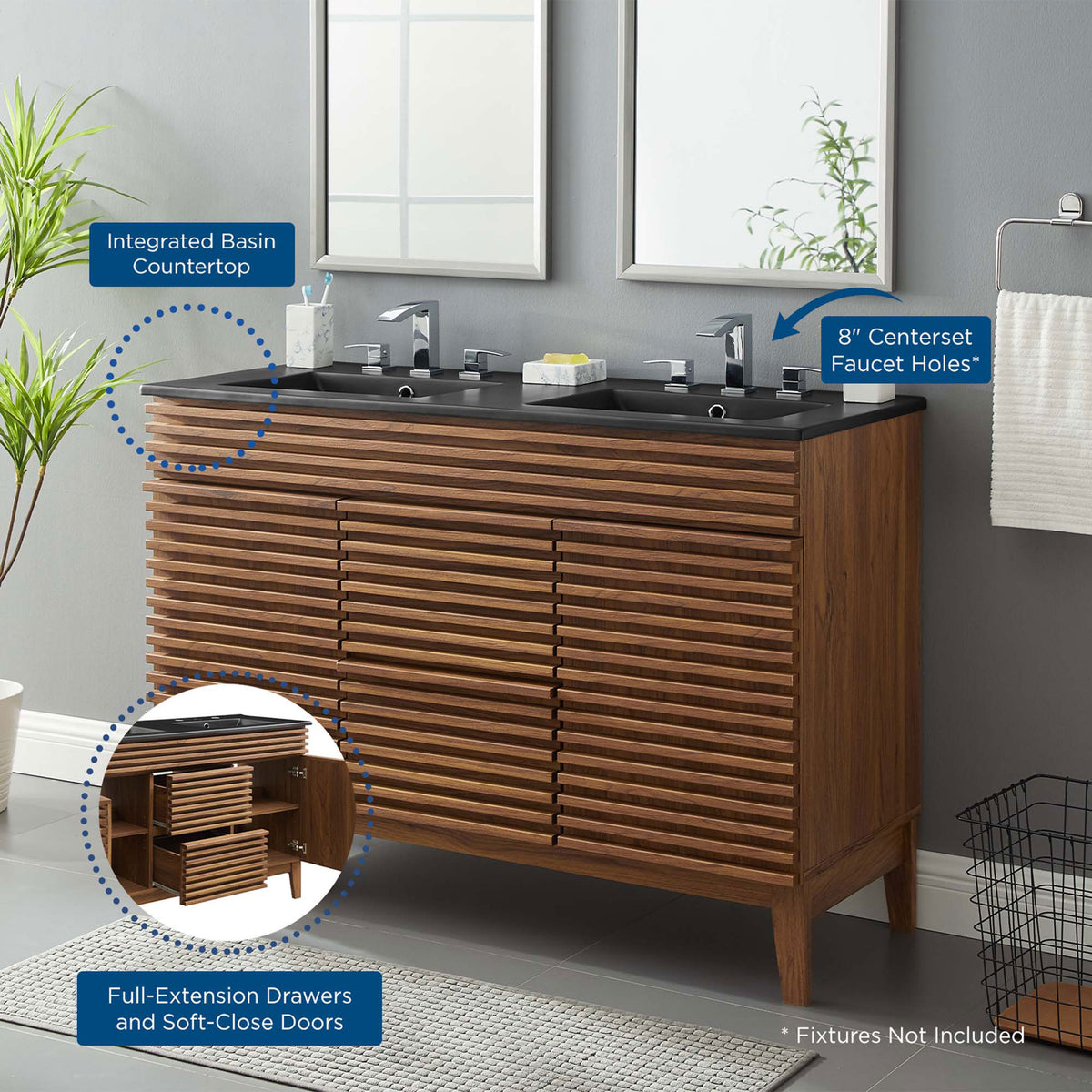 Integrated countertop, full-extension storage, and 8-inch faucet holes for easy planning. || EEI-5381-WAL-BLK || callout_room