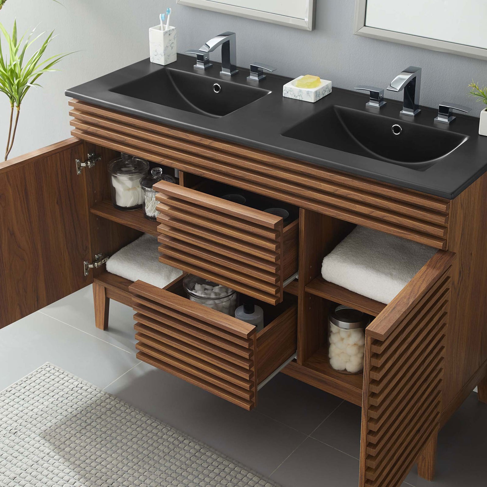 Ample storage with adjustable shelves and drawers keeps everyday items within reach. || EEI-5381-WAL-BLK || front_angle_open_room