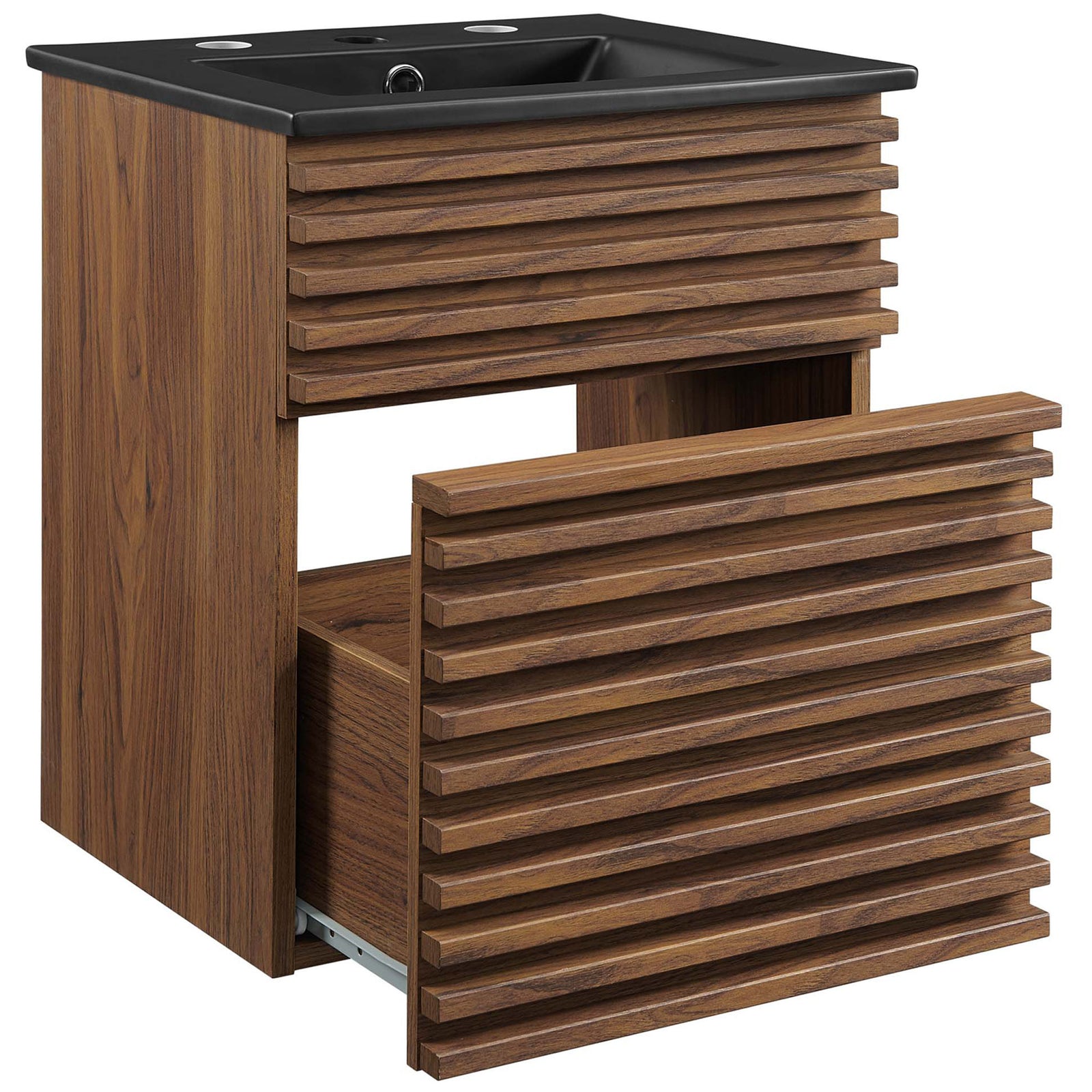 Full-extension drawer reveals generous storage beneath a sleek black ceramic basin in warm walnut. || EEI-5390-WAL-BLK || front_angle_open_studio