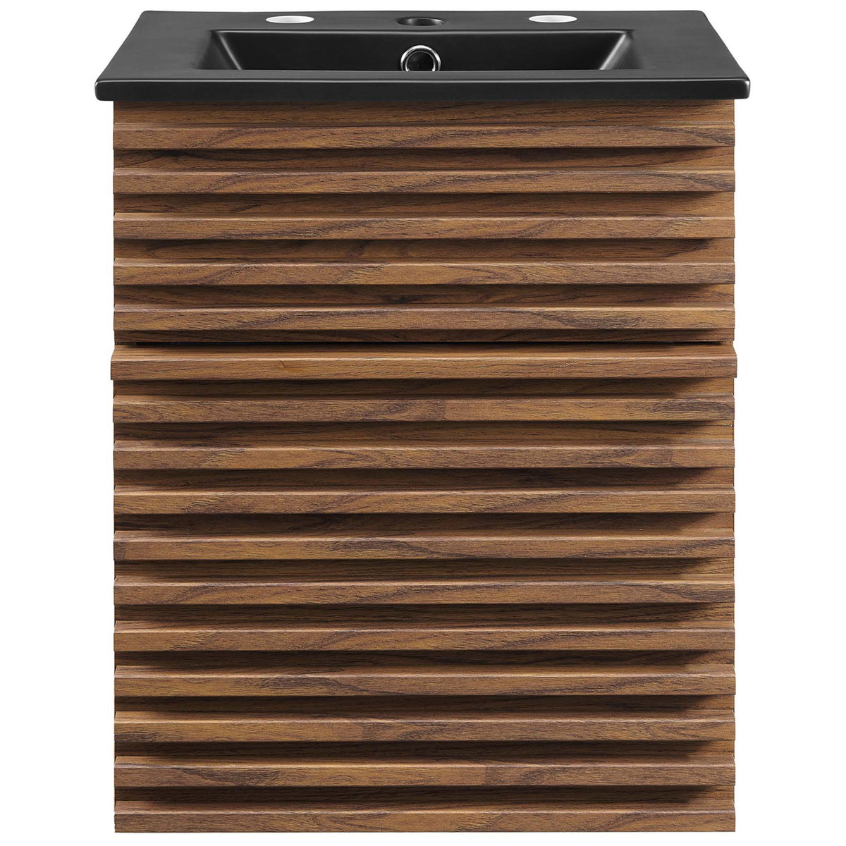 Sleek wall-mount vanity pairs a ribbed walnut facade with a smooth matte black integrated sink. || EEI-5390-WAL-BLK || front_studio