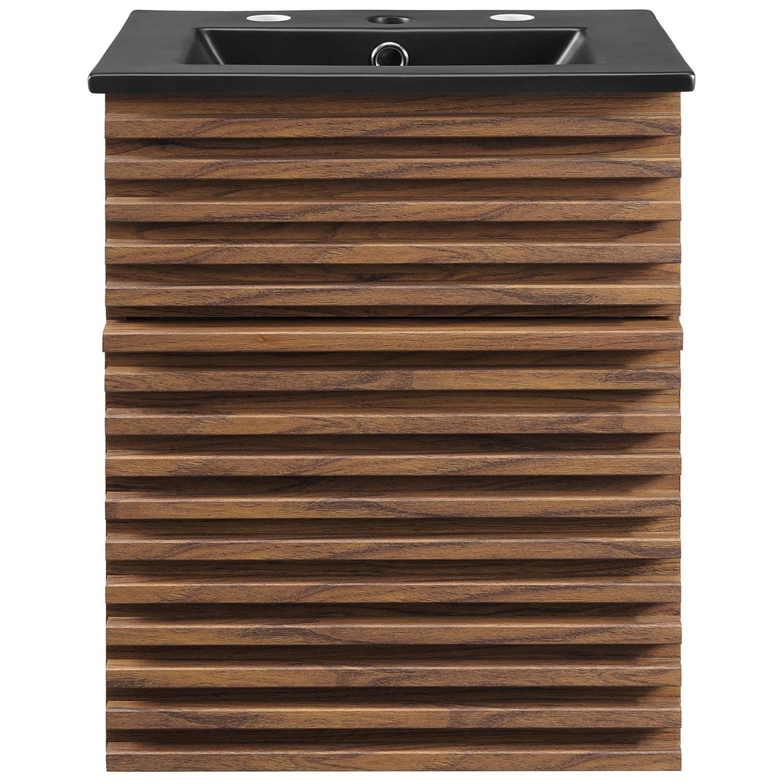 Sleek wall-mount vanity pairs a ribbed walnut facade with a smooth matte black integrated sink. || EEI-5390-WAL-BLK || front_studio