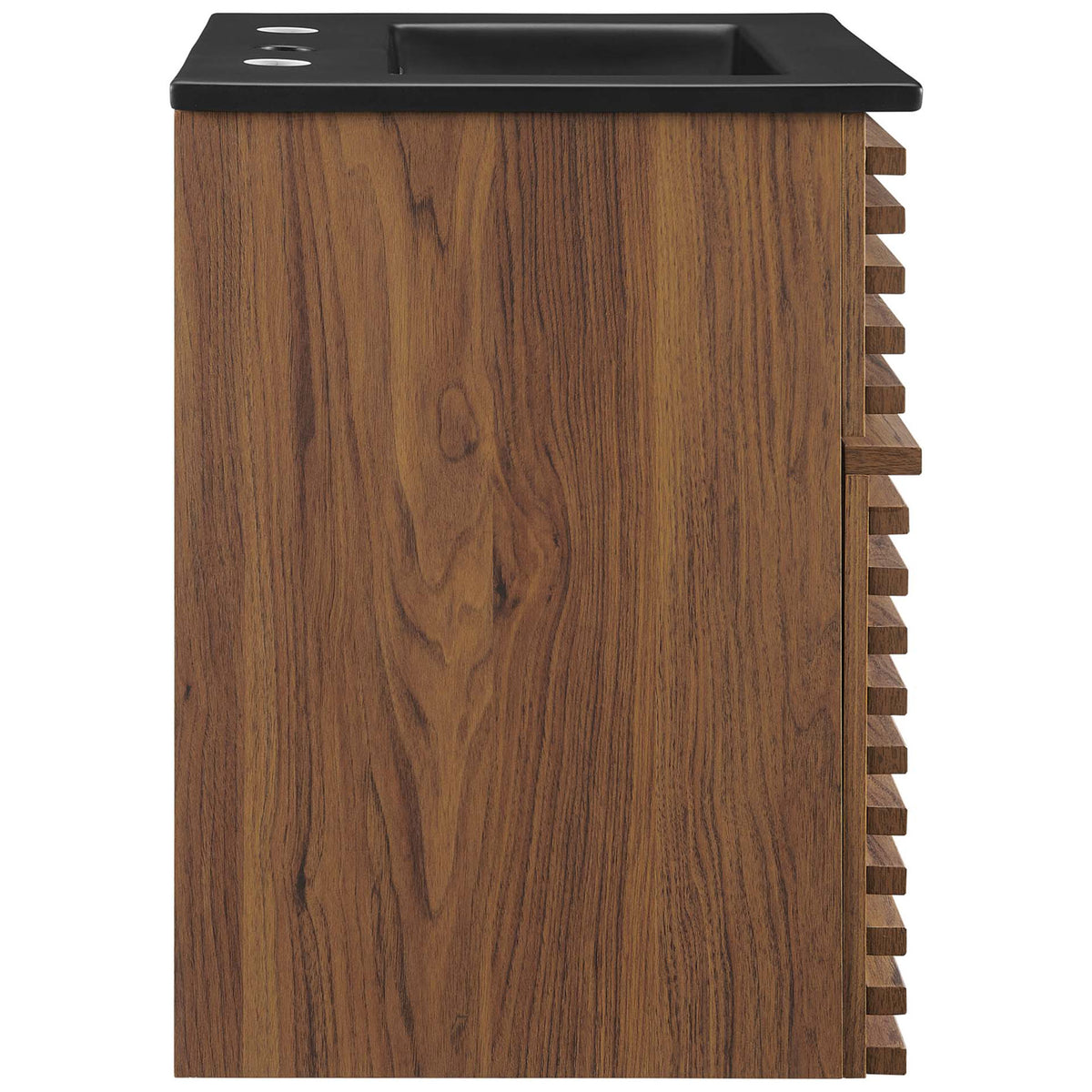 Rich walnut wood grain wraps the sides, complementing the streamlined, space-saving wall mount. || EEI-5390-WAL-BLK || side_studio