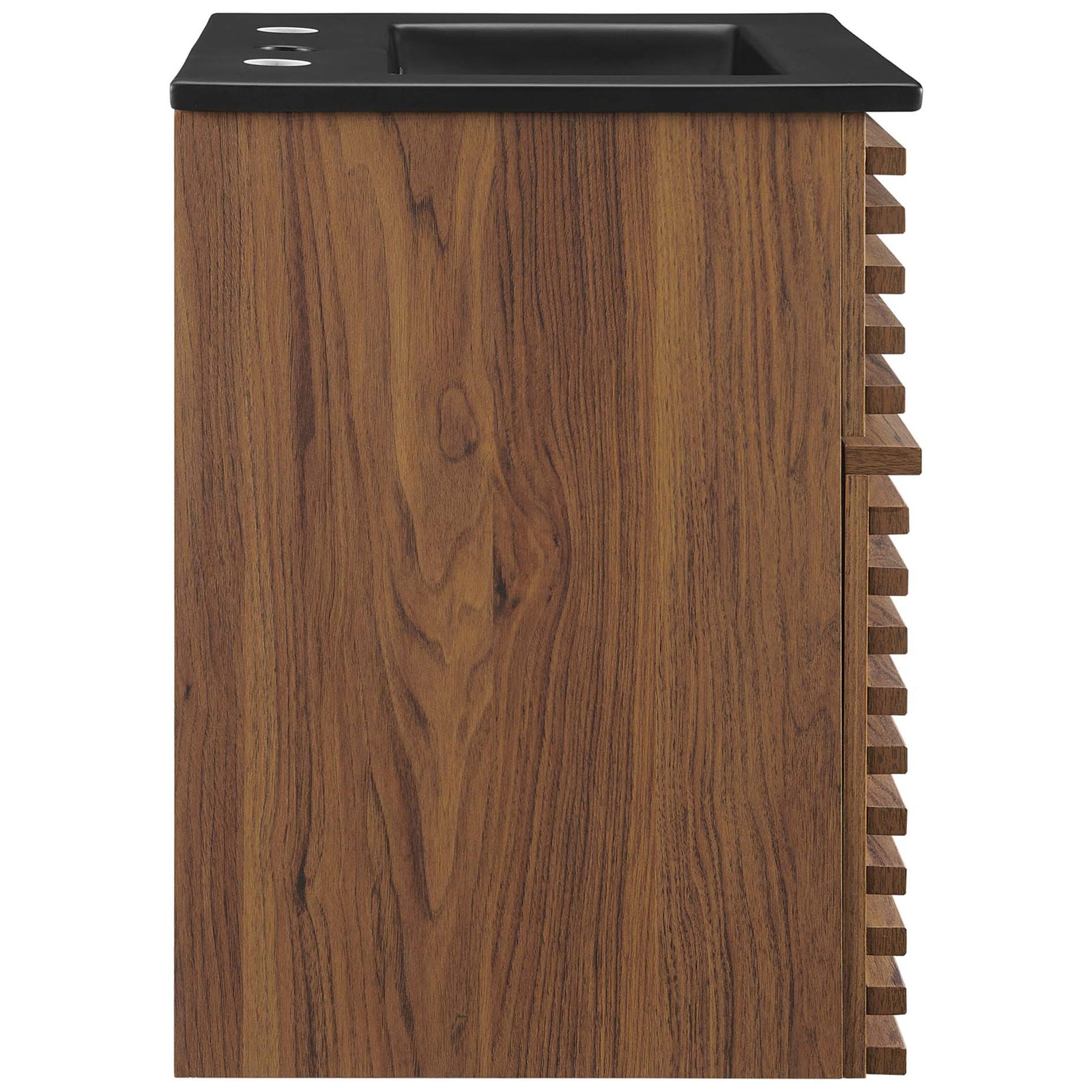 Rich walnut wood grain wraps the sides, complementing the streamlined, space-saving wall mount. || EEI-5390-WAL-BLK || side_studio