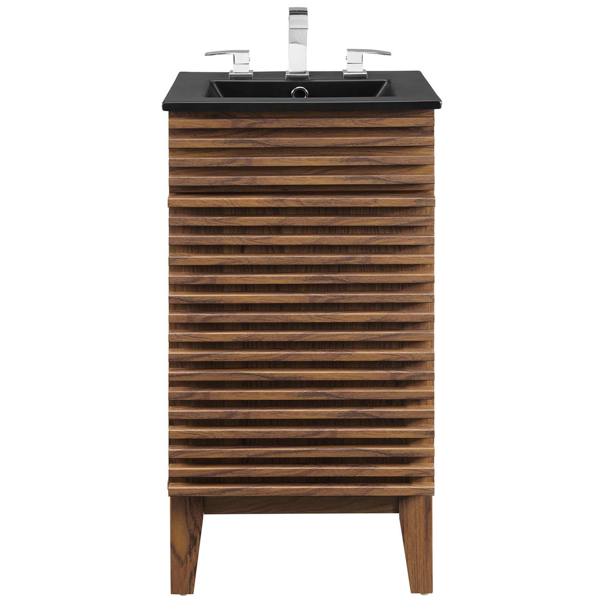 Walnut slatted vanity with matte black basin and faucet installed for a polished, modern touch || EEI-5391-WAL-BLK || front_studio
