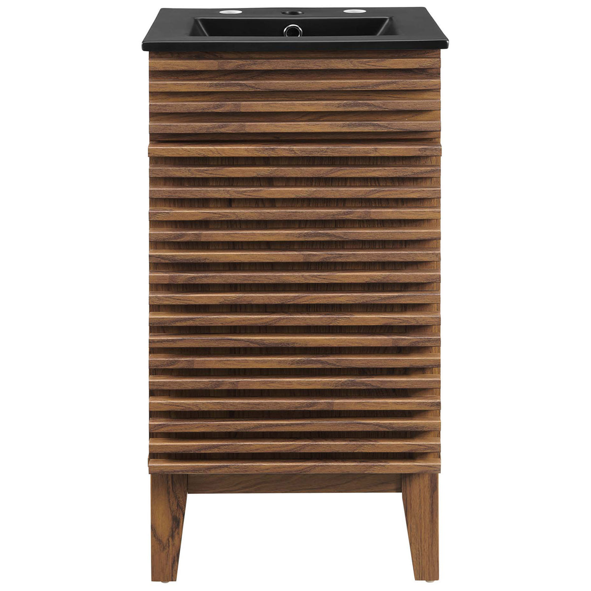 Crisp slatted facade and matte black integrated sink define this space-saving 18-inch vanity || EEI-5391-WAL-BLK || front_studio