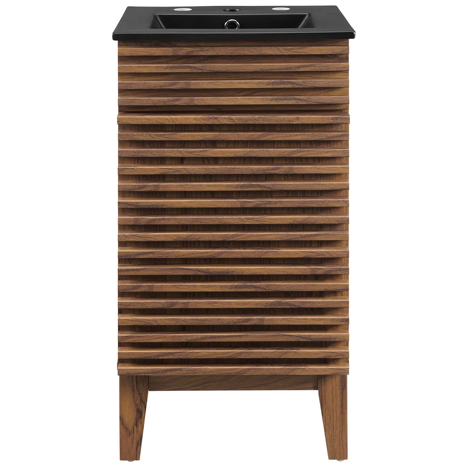 Crisp slatted facade and matte black integrated sink define this space-saving 18-inch vanity || EEI-5391-WAL-BLK || front_studio