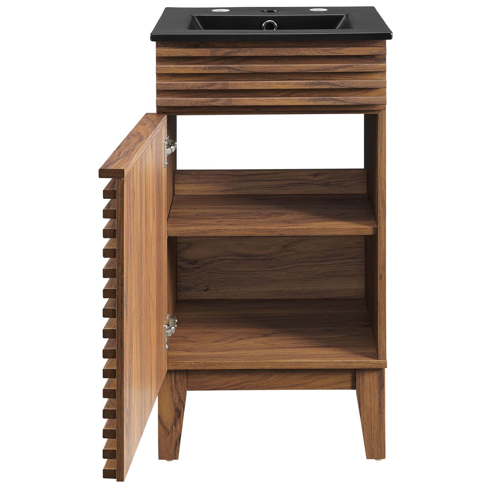 Door open to reveal adjustable shelf and roomy storage in this mid-century walnut vanity || EEI-5391-WAL-BLK || front_open_studio