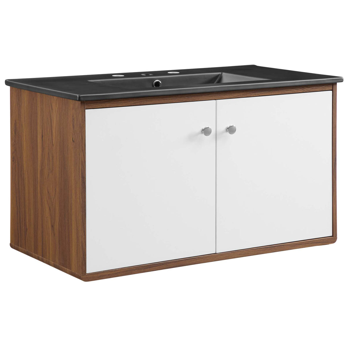 Modern wall vanity blends a black countertop with walnut grain and white doors for striking contrast || EEI-5393-WAL-BLK || front_angle_studio