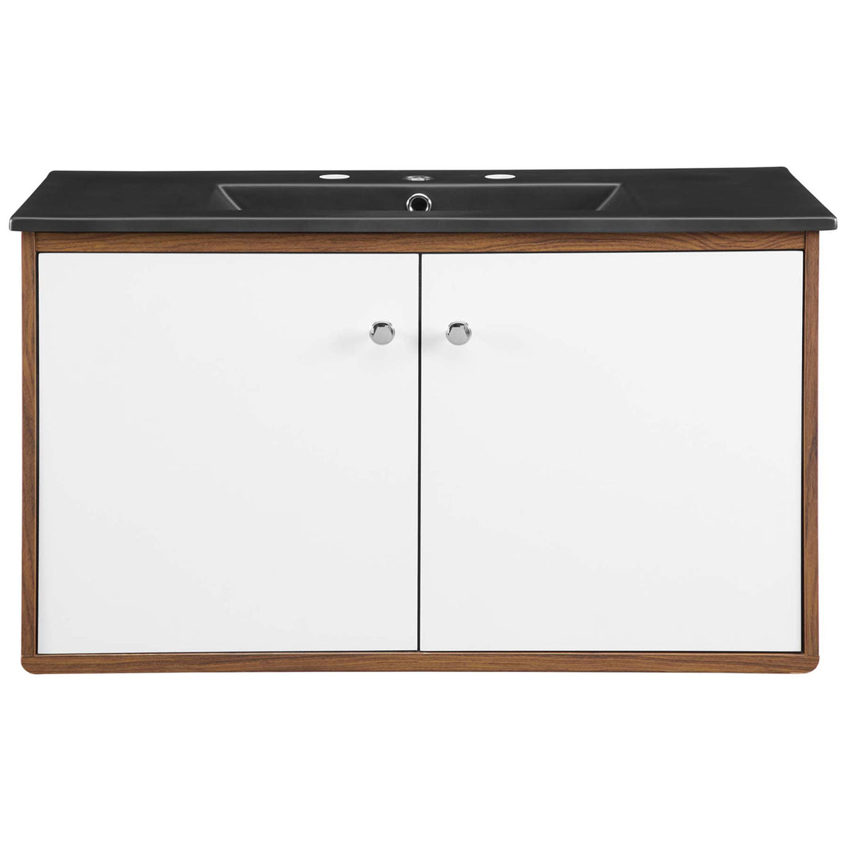 Wide walnut vanity with matte black integrated sink and sleek white doors with chrome pulls || EEI-5393-WAL-BLK || front_studio