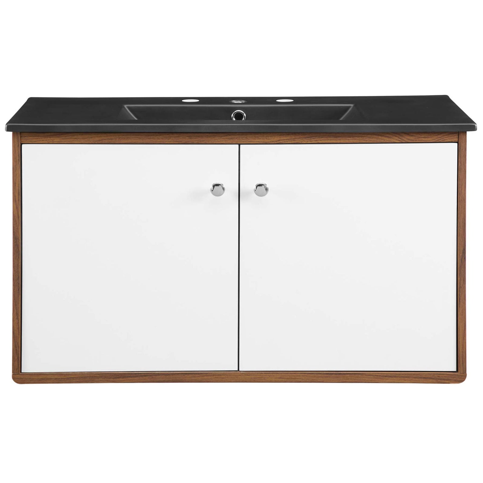 Wide walnut vanity with matte black integrated sink and sleek white doors with chrome pulls || EEI-5393-WAL-BLK || front_studio