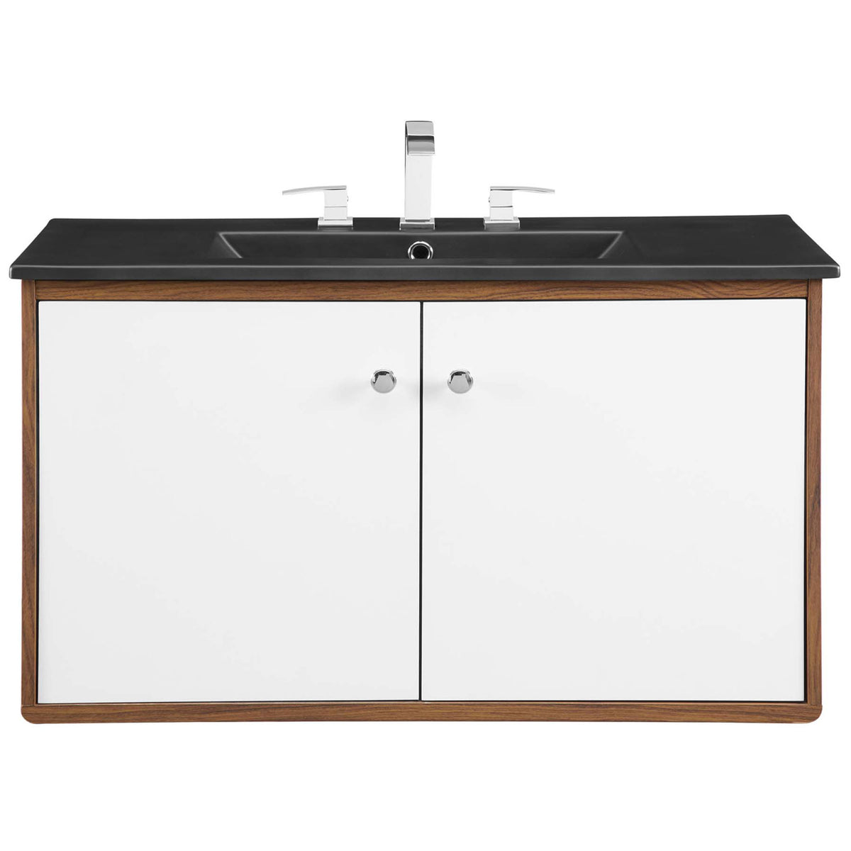 Matte black basin and walnut cabinet, shown with chrome faucet and crisp white dual doors || EEI-5393-WAL-BLK || front_studio
