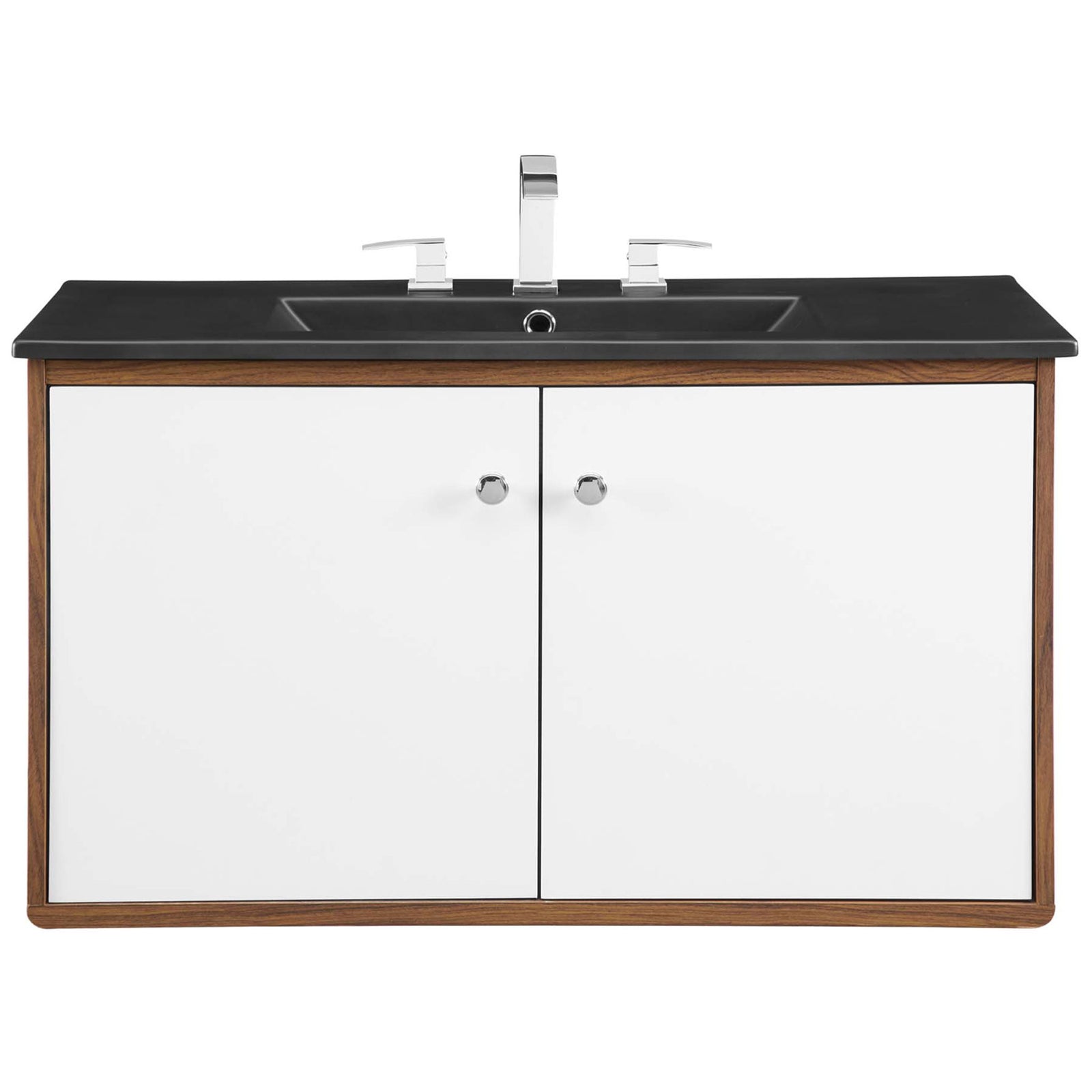 Matte black basin and walnut cabinet, shown with chrome faucet and crisp white dual doors || EEI-5393-WAL-BLK || front_studio