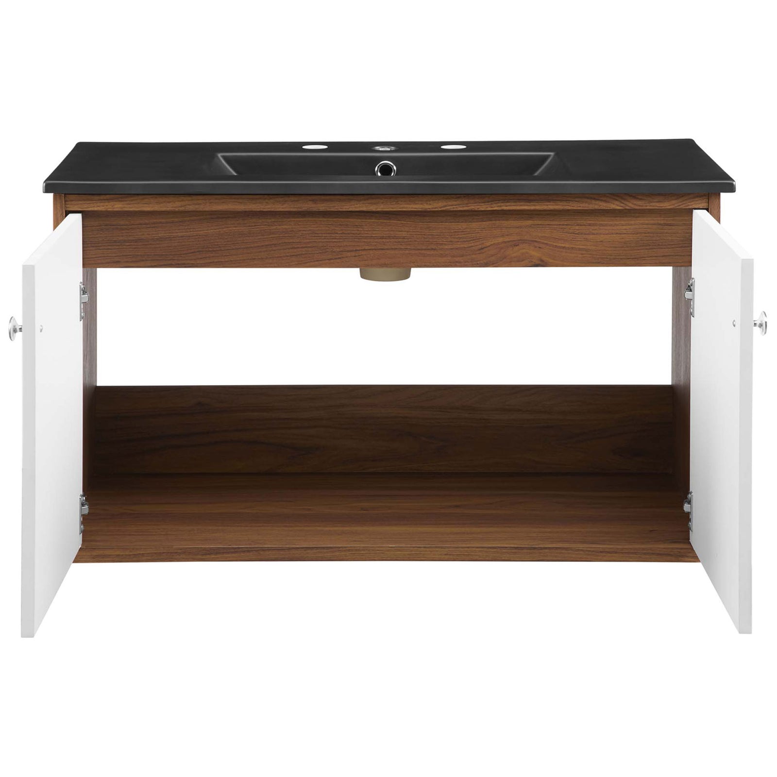 Doors open to a roomy storage compartment ideal for towels and bath essentials || EEI-5393-WAL-BLK || front_open_studio