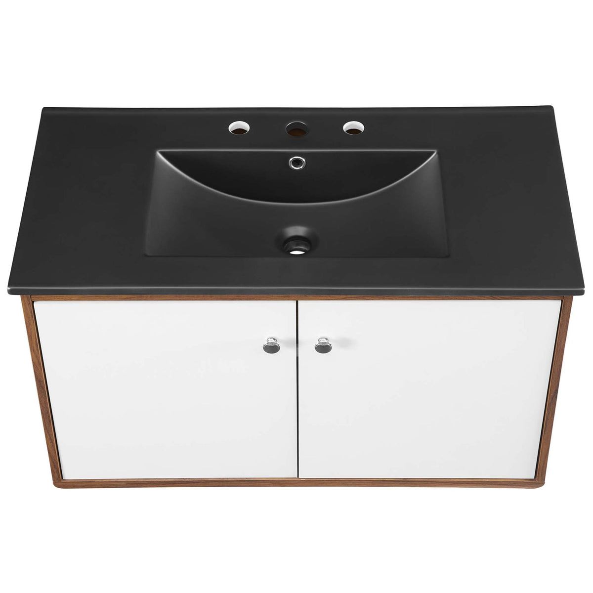Integrated rectangular sink with three faucet holes and smooth, rounded counter edges || EEI-5393-WAL-BLK || top_studio