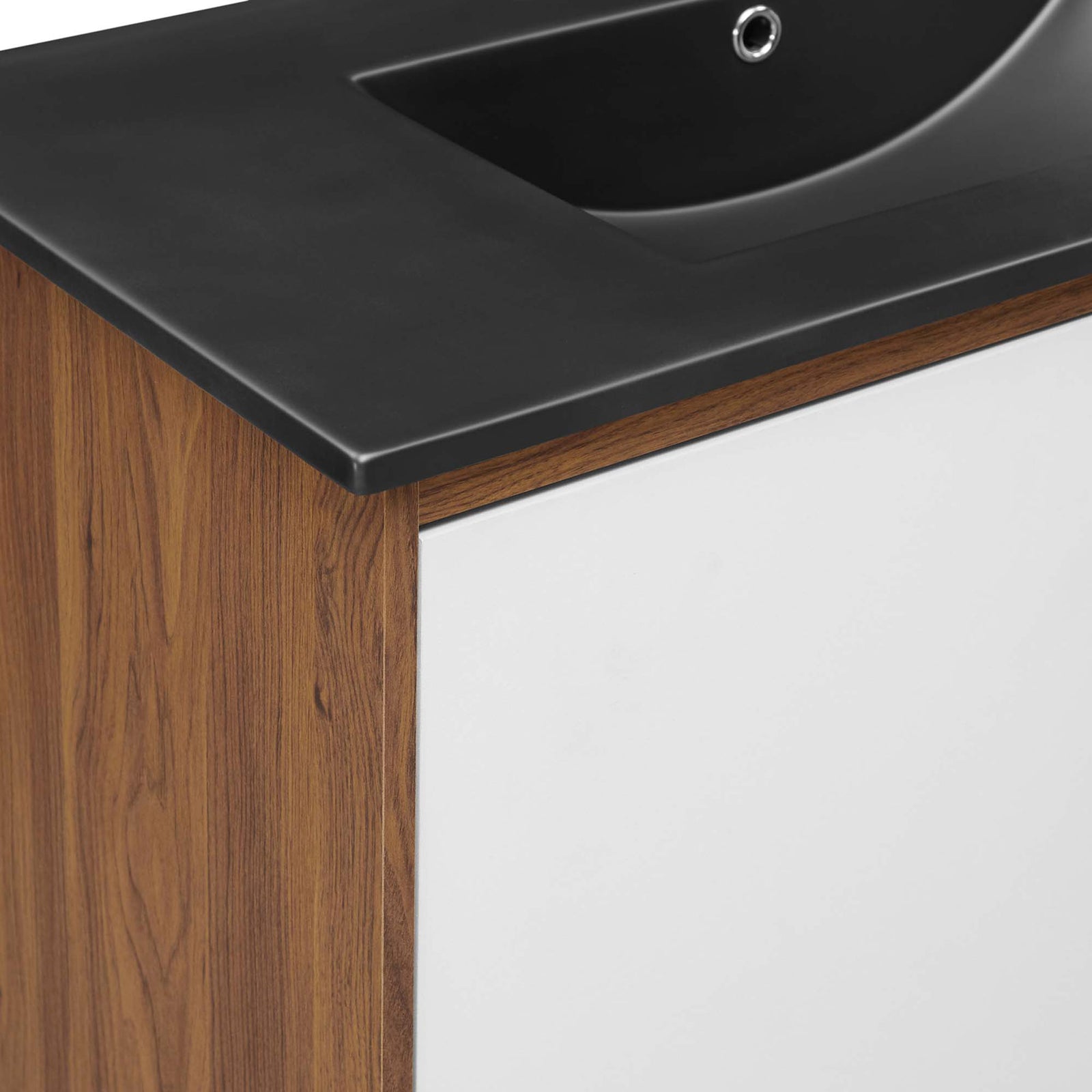 Refined materials meet in walnut veneer, matte black countertop, and polished chrome accents || EEI-5393-WAL-BLK || detail_studio