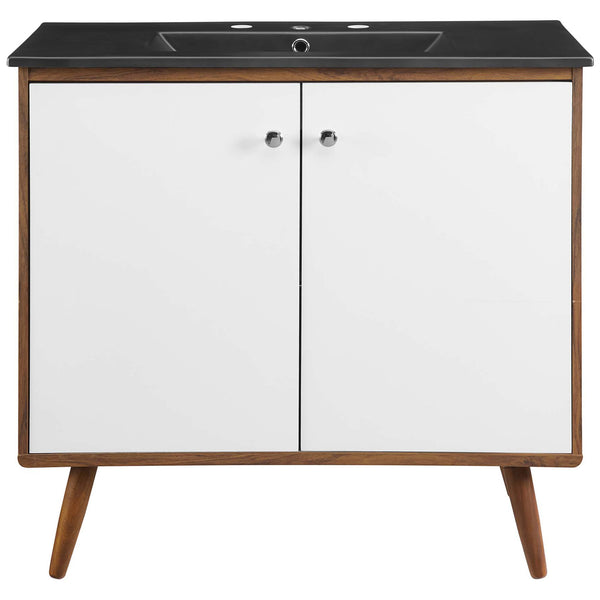 Wide double doors and a black integrated basin deliver bold contrast in a mid-century vanity || EEI-5394-WAL-BLK || front_studio
